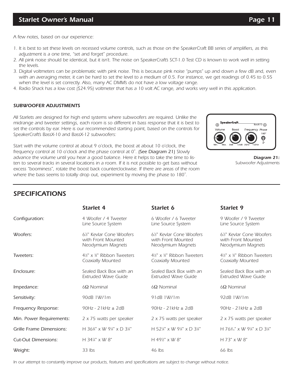 Starlet owner’s manual page 11, Specifications, Starlet 4 starlet 6 starlet 9 | SpeakerCraft STARLET 4 User Manual | Page 13 / 16
