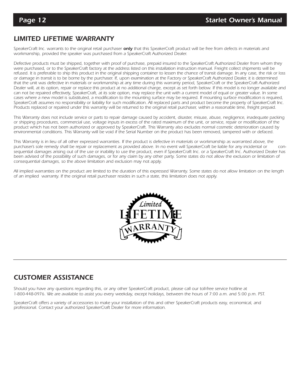 Customer assistance | SpeakerCraft STARLET 4 User Manual | Page 14 / 16