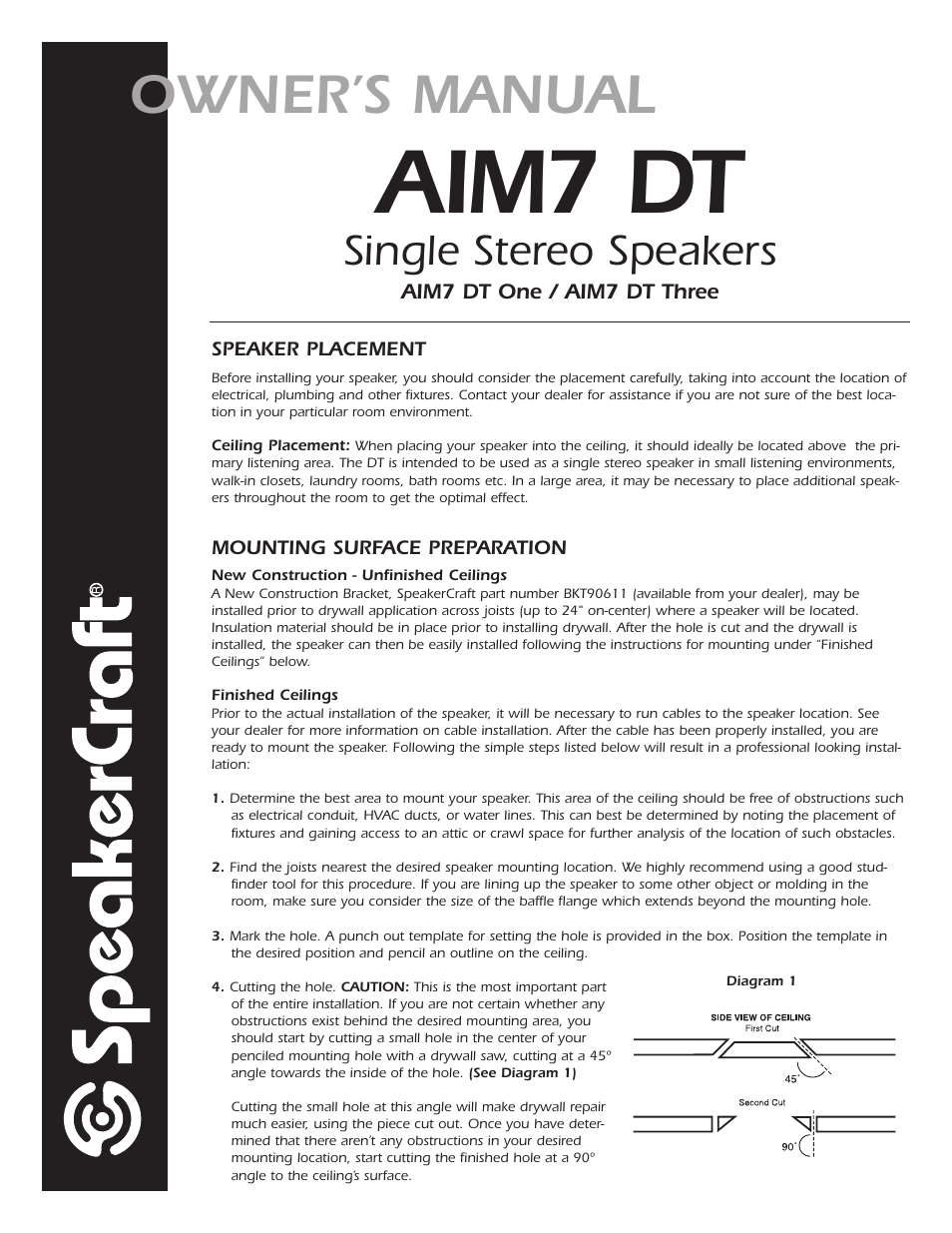 Aim7 dt, Owner’s manual, Single stereo speakers | SpeakerCraft AIM7 DT User Manual | Page 2 / 4