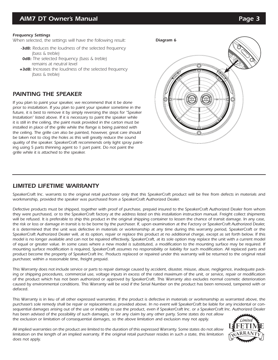 Aim7 dt owner’s manual page 3, Painting the speaker, Limited lifetime warranty | SpeakerCraft AIM7 DT User Manual | Page 4 / 4