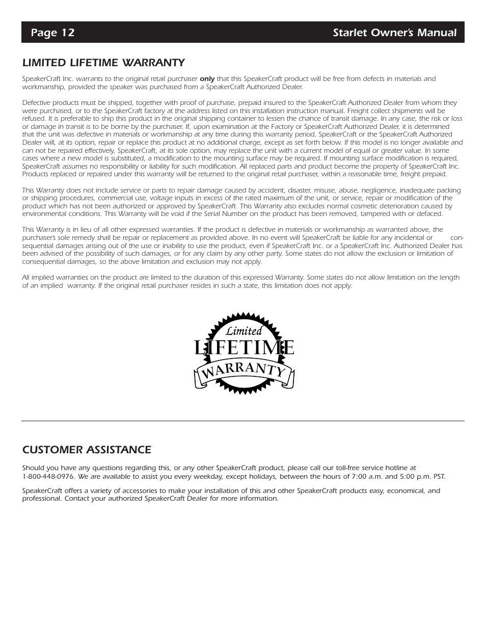 Customer assistance | SpeakerCraft Starlet Series Starlet 6 User Manual | Page 13 / 14