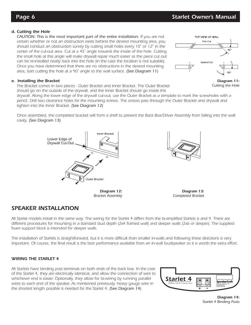 Speaker installation, Page 6 starlet owner’s manual | SpeakerCraft Starlet Series Starlet 6 User Manual | Page 7 / 14