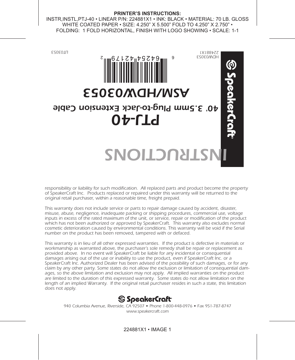 SpeakerCraft PTJ-40 User Manual | 2 pages