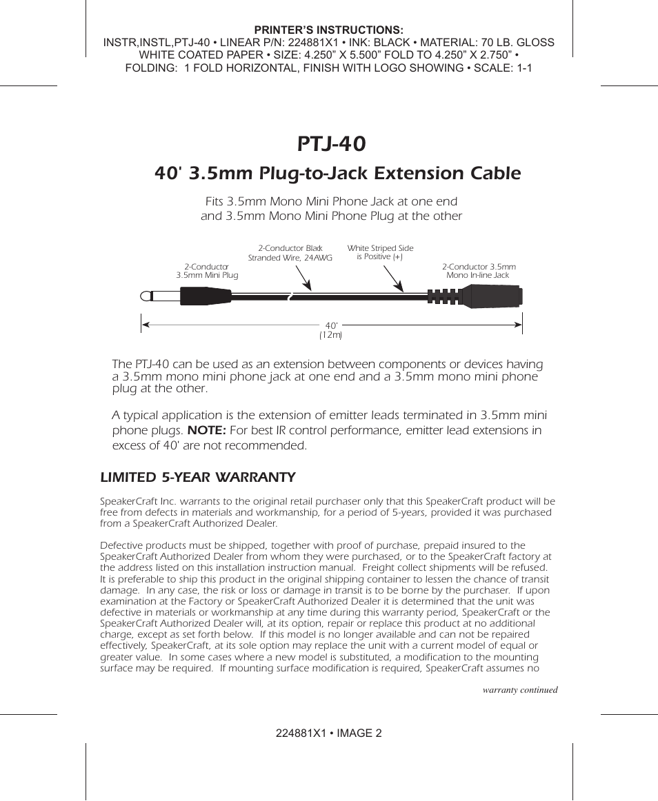Ptj-40, 40' 3.5mm plug-to-jack extension cable, Limited 5-year warranty | SpeakerCraft PTJ-40 User Manual | Page 2 / 2