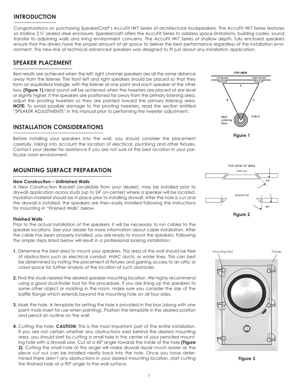 Speaker placement, Installation considerations, Mounting surface preparation | Introduction | SpeakerCraft IW7 User Manual | Page 2 / 4