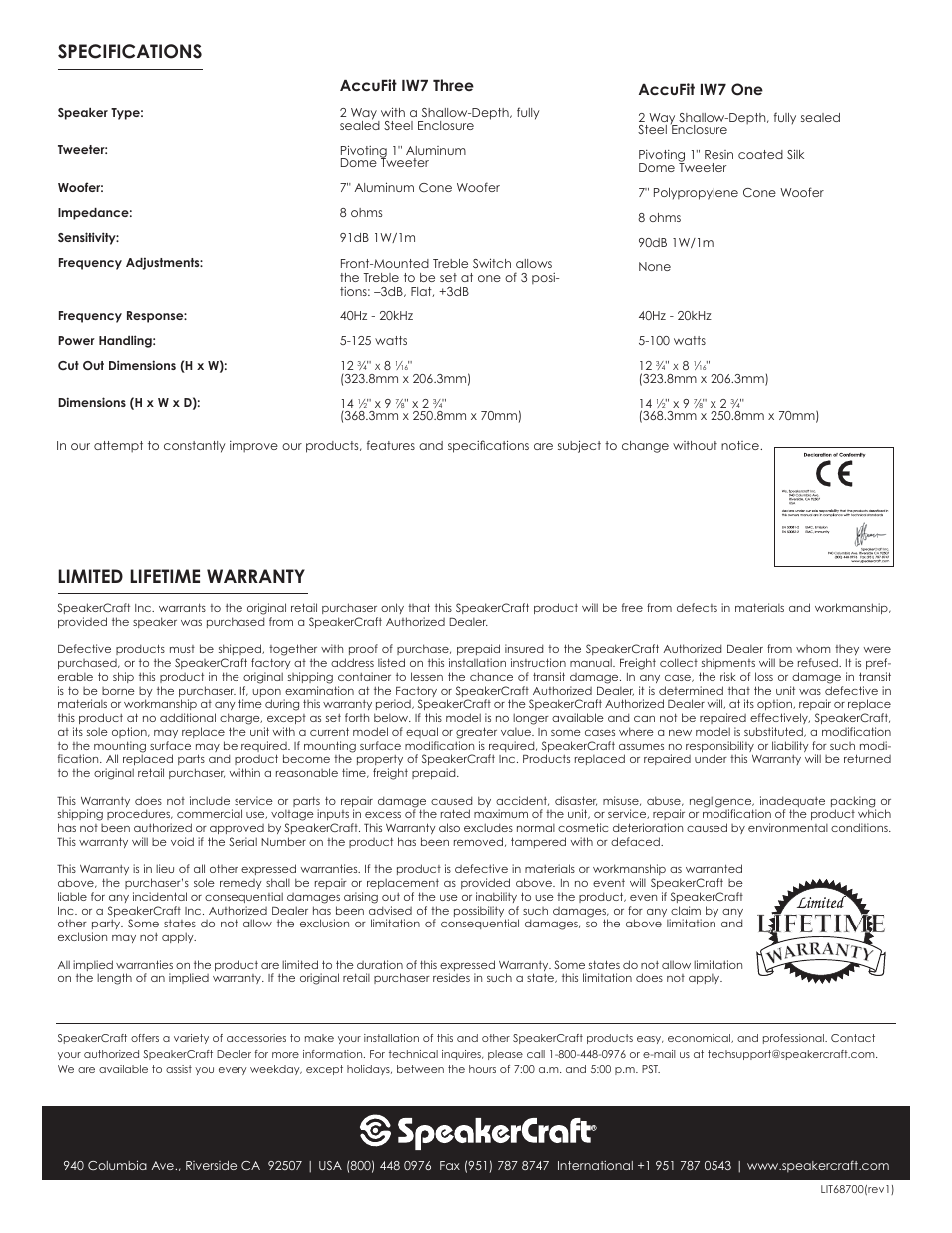 Limited lifetime warranty, Specifications, Accufit iw7 three | Accufit iw7 one | SpeakerCraft IW7 User Manual | Page 4 / 4