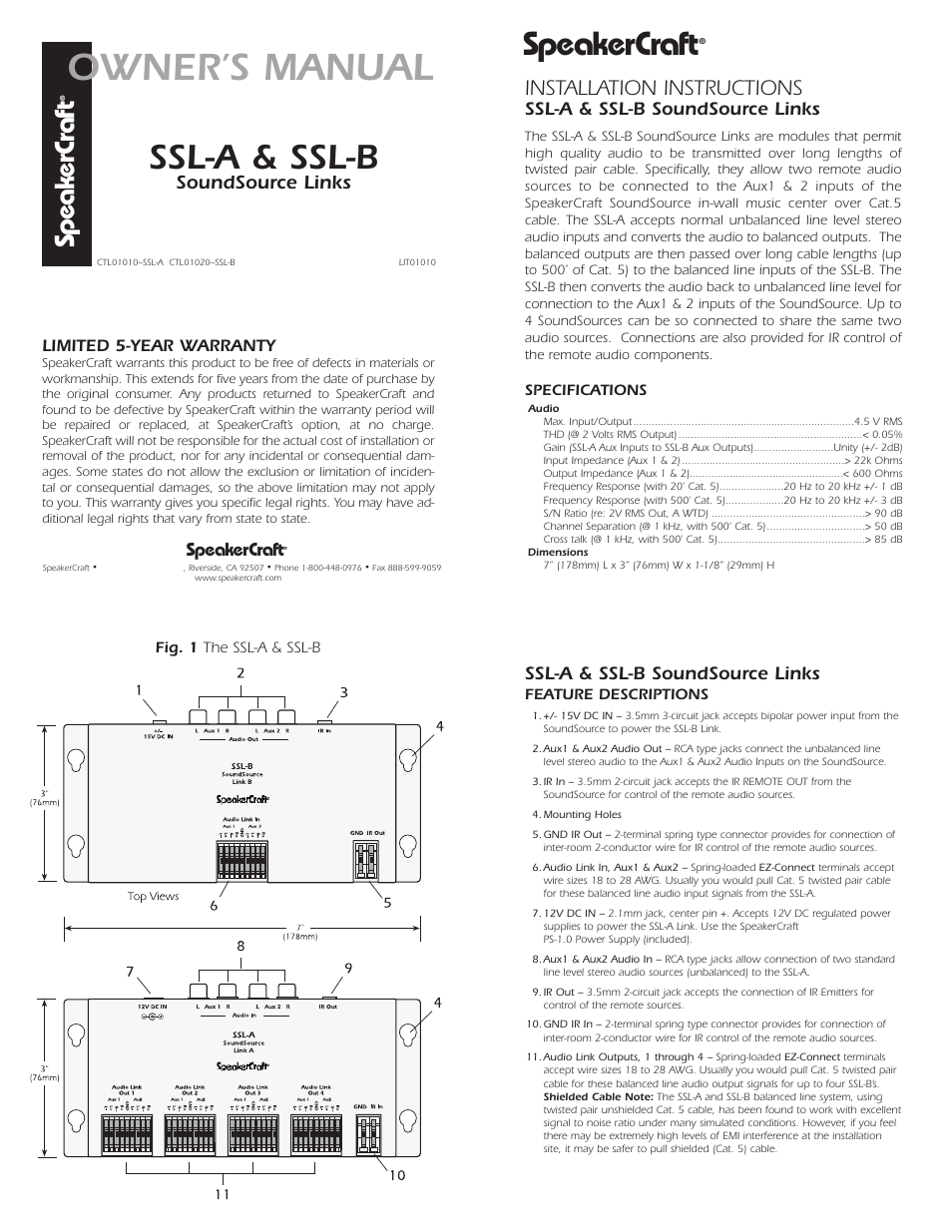 SpeakerCraft SSL-B User Manual | 2 pages