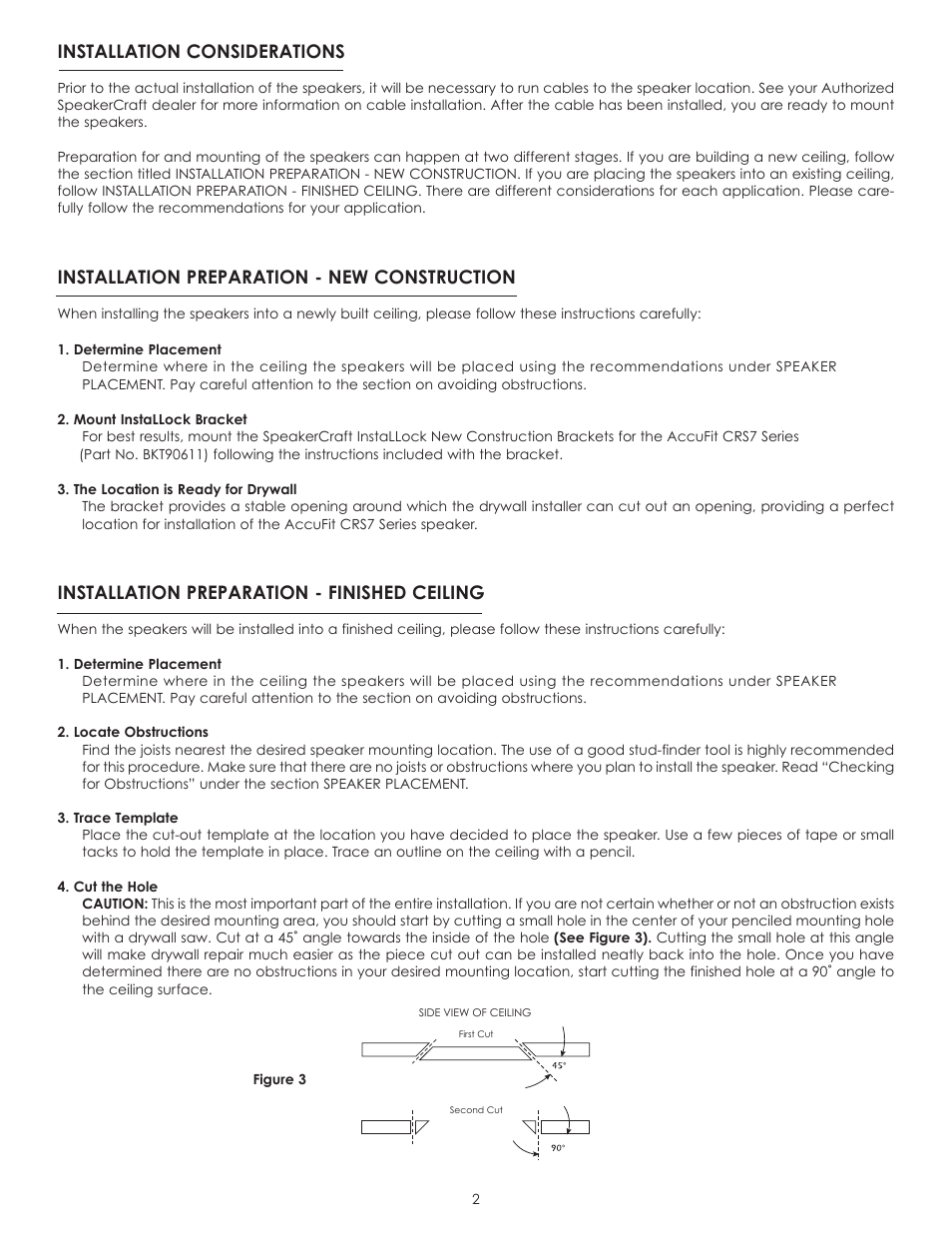 Installation considerations, Installation preparation - new construction, Installation preparation - finished ceiling | SpeakerCraft CRS7 User Manual | Page 3 / 6