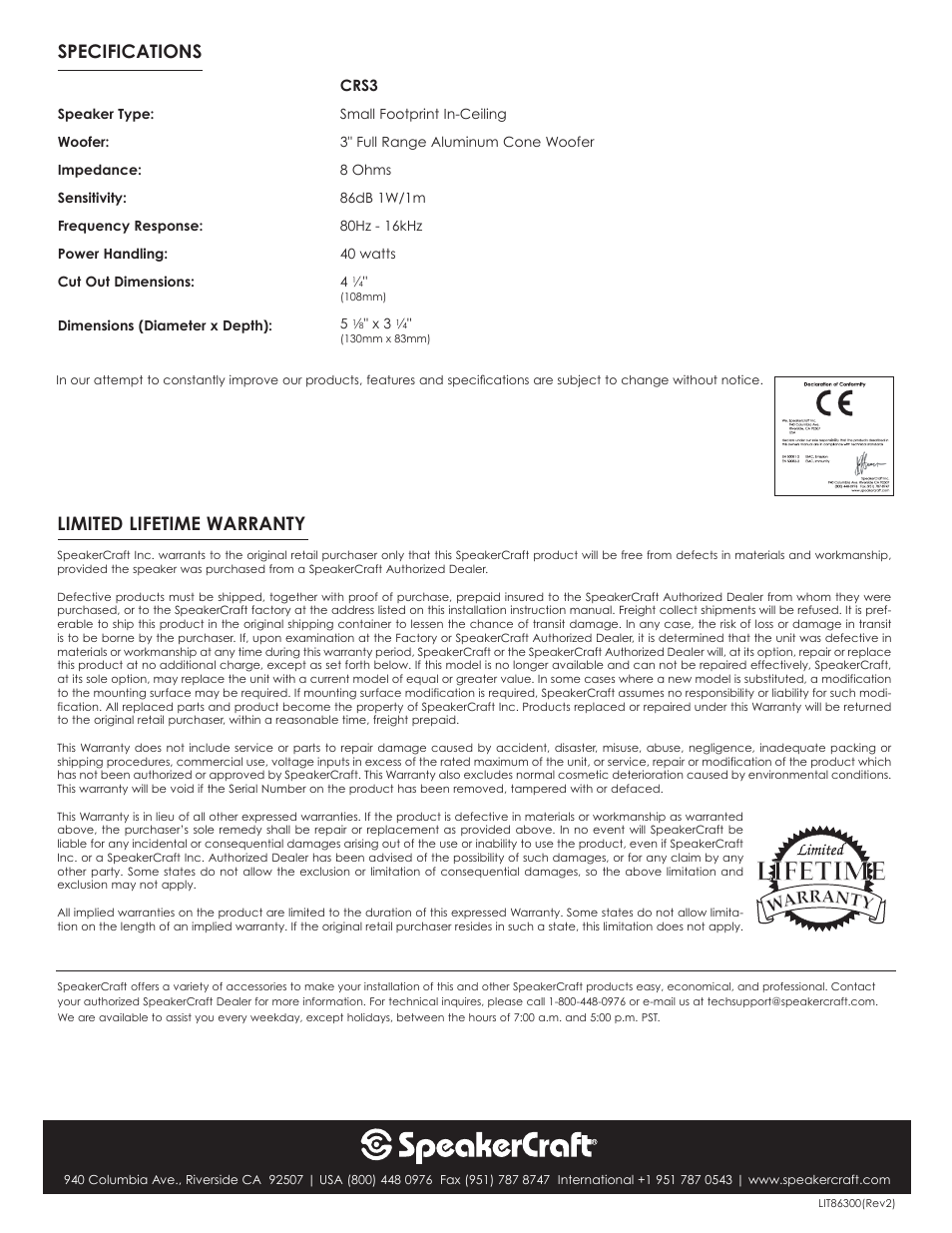 Limited lifetime warranty, Specifications | SpeakerCraft CRS3 User Manual | Page 4 / 4