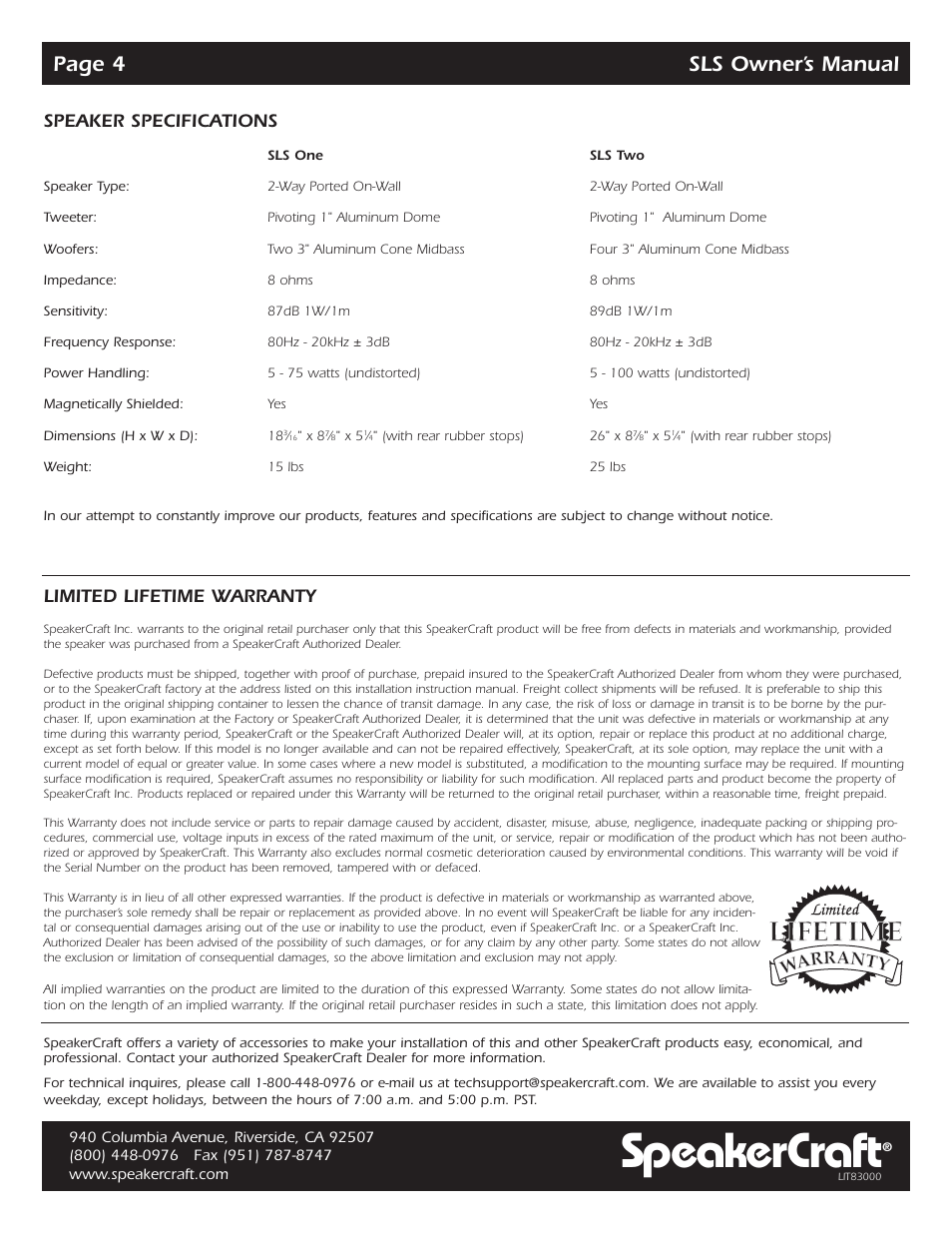 Speakercraft, Page 4 sls owner’s manual, Limited lifetime warranty | Speaker specifications | SpeakerCraft SLS User Manual | Page 4 / 4