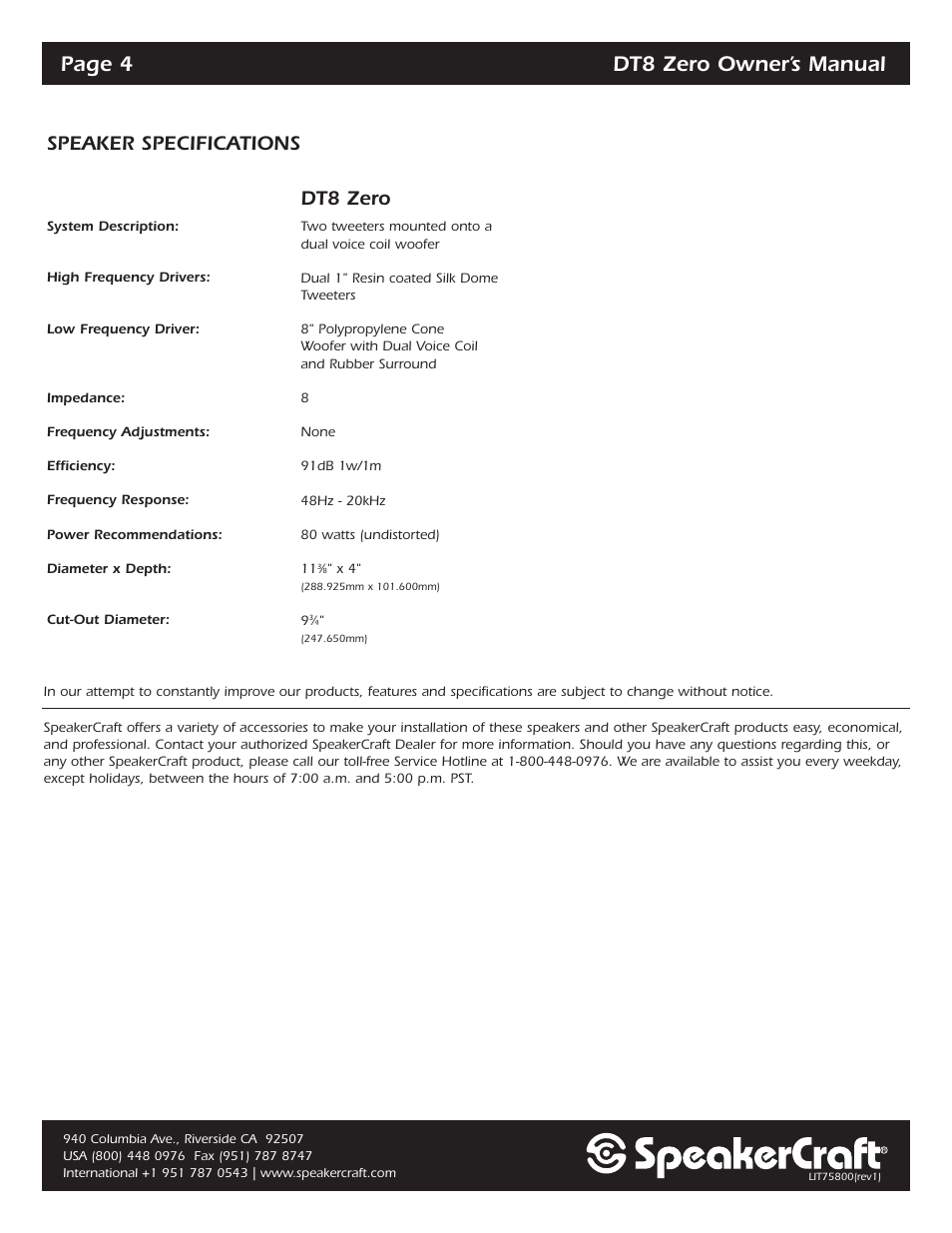 SpeakerCraft DT8 ZERO User Manual | 4 pages
