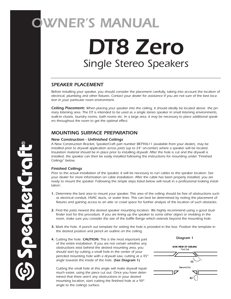 Dt8 zero, Owner’s manual, Single stereo speakers | SpeakerCraft DT8 ZERO User Manual | Page 2 / 4