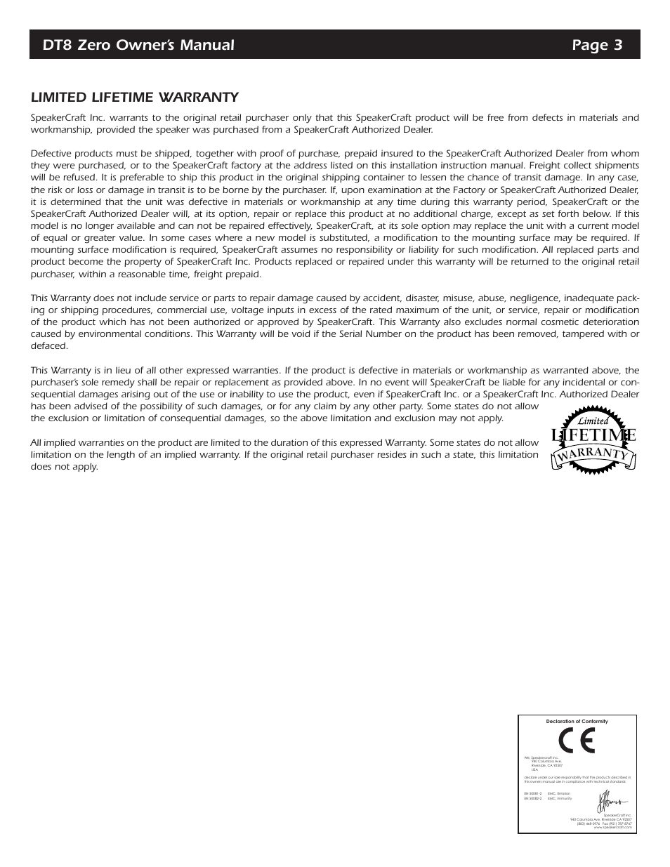 Dt8 zero owner’s manual page 3, Limited lifetime warranty | SpeakerCraft DT8 ZERO User Manual | Page 4 / 4