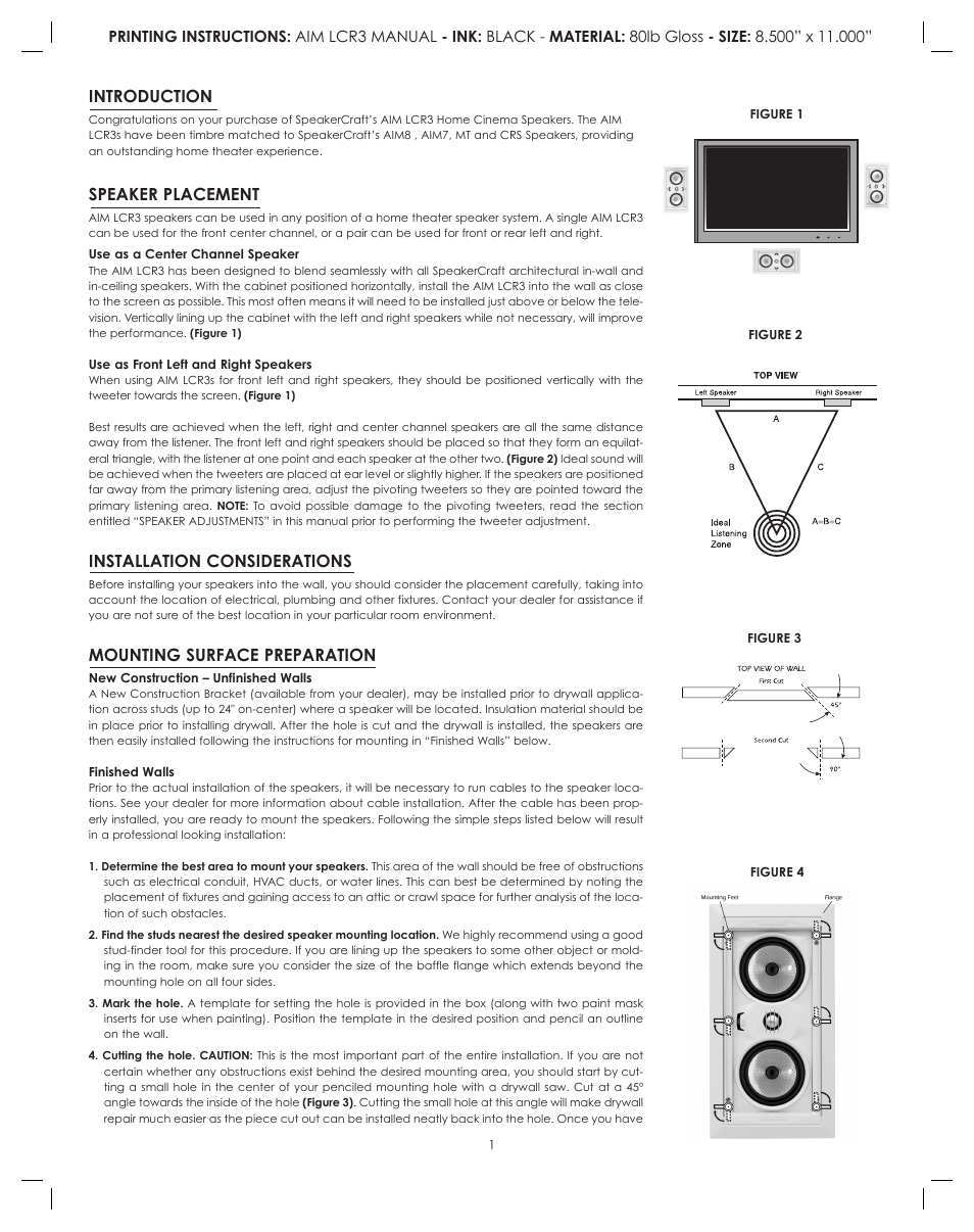 Introduction, Speaker placement, Installation considerations | Mounting surface preparation | SpeakerCraft AIM LCR3 User Manual | Page 2 / 4