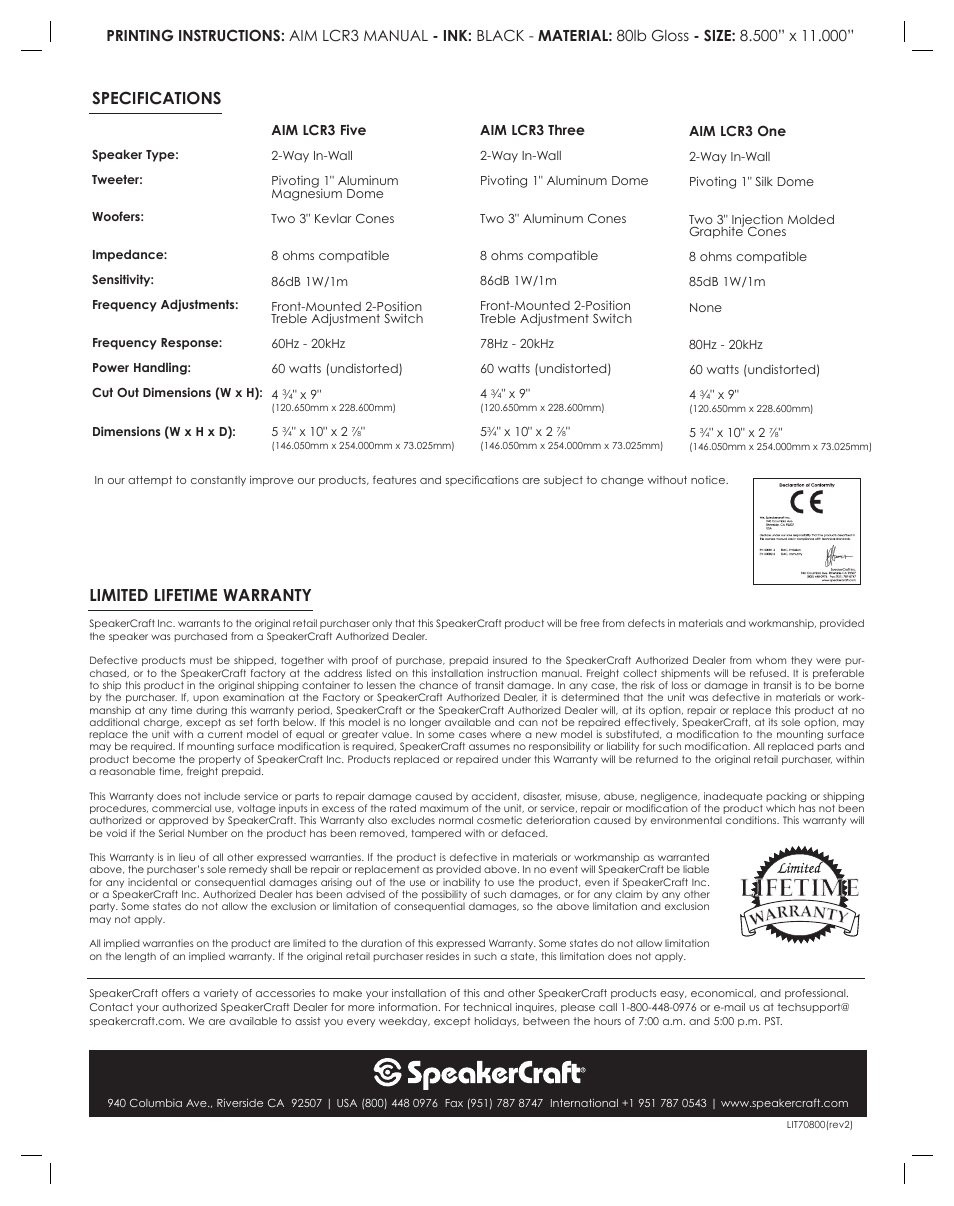 Specifications, Limited lifetime warranty | SpeakerCraft AIM LCR3 User Manual | Page 4 / 4