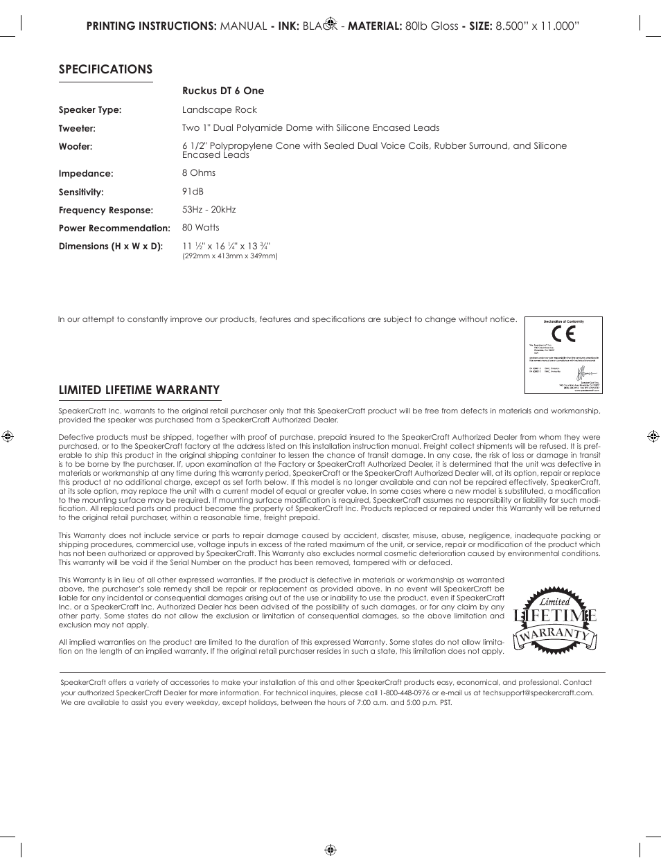 Limited lifetime warranty, Specifications | SpeakerCraft RUCKUS DT 6 User Manual | Page 3 / 4