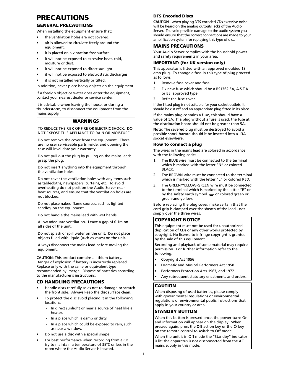 Precautions | SpeakerCraft Home Theater Server User Manual | Page 5 / 44