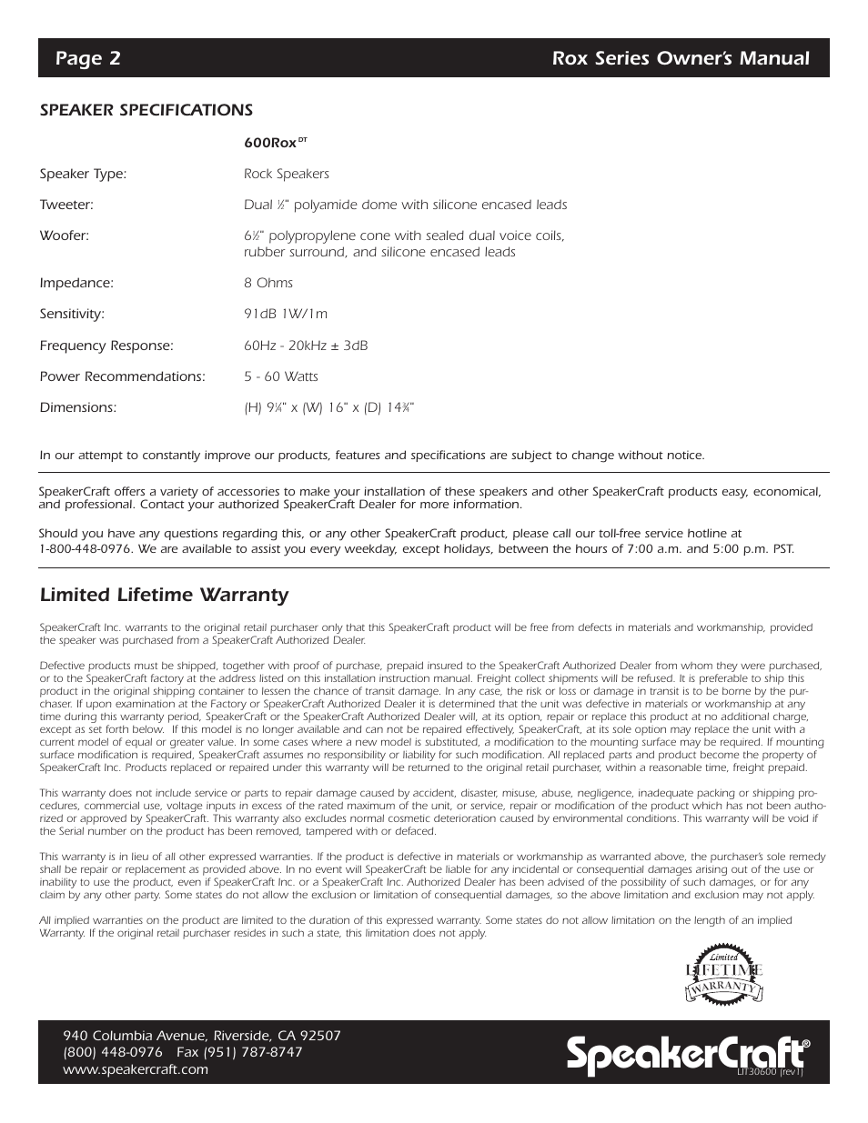Speakercraft, Page 2 rox series owner’s manual, Limited lifetime warranty | SpeakerCraft 600 User Manual | Page 2 / 2