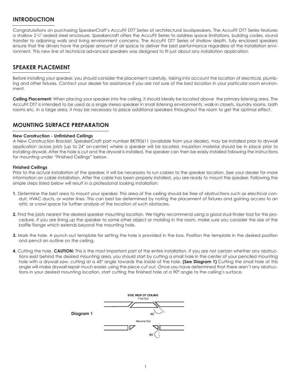 Speaker placement, Mounting surface preparation, Introduction | SpeakerCraft DT7 User Manual | Page 2 / 4