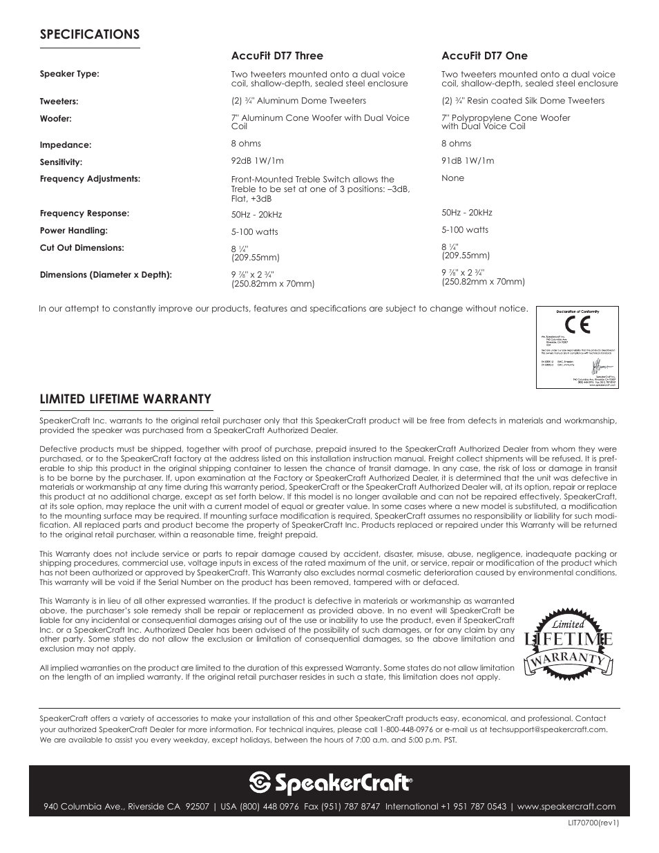 Limited lifetime warranty, Specifications, Accufit dt7 three | Accufit dt7 one | SpeakerCraft DT7 User Manual | Page 4 / 4