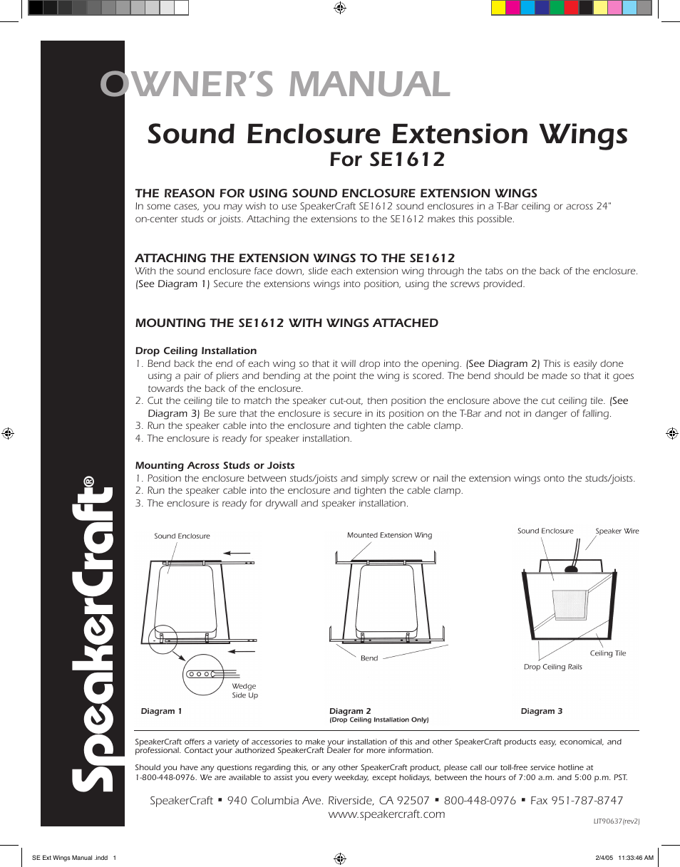 SpeakerCraft SE1612 User Manual | 1 page