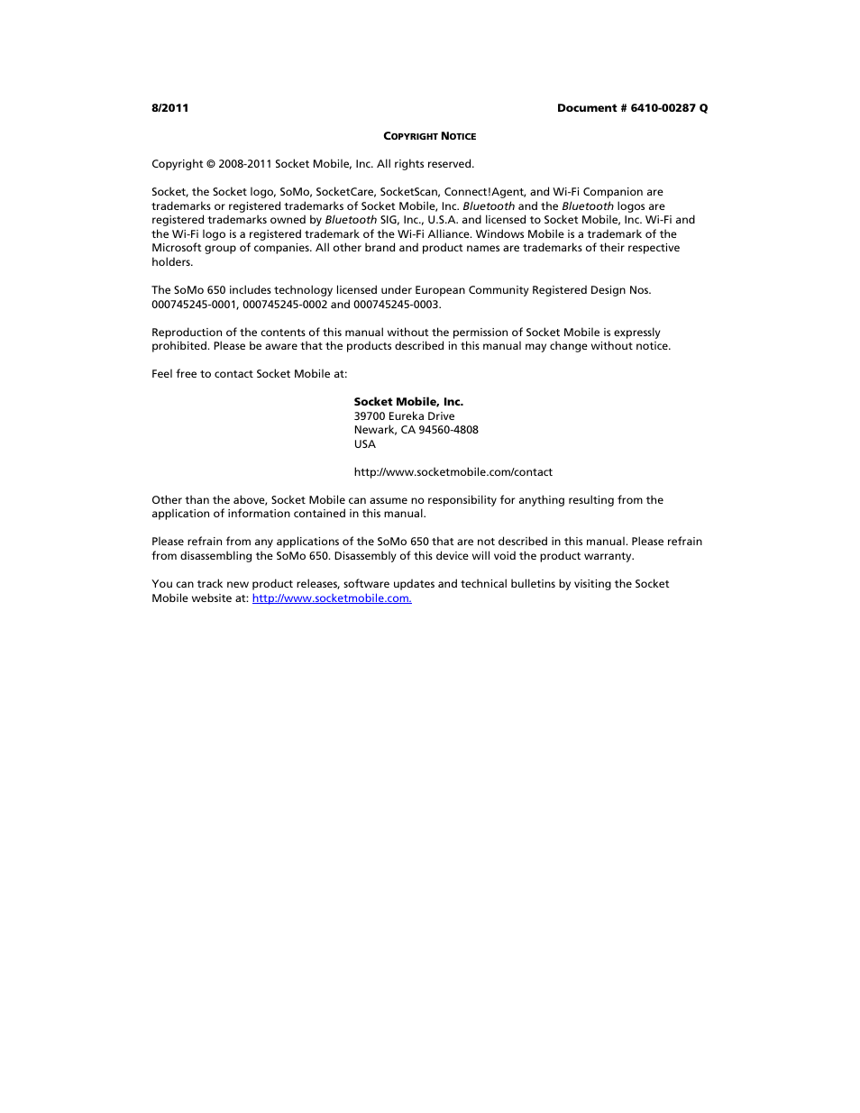 Copyright notice | Socket Mobile SoMo 650 User Manual | Page 2 / 75