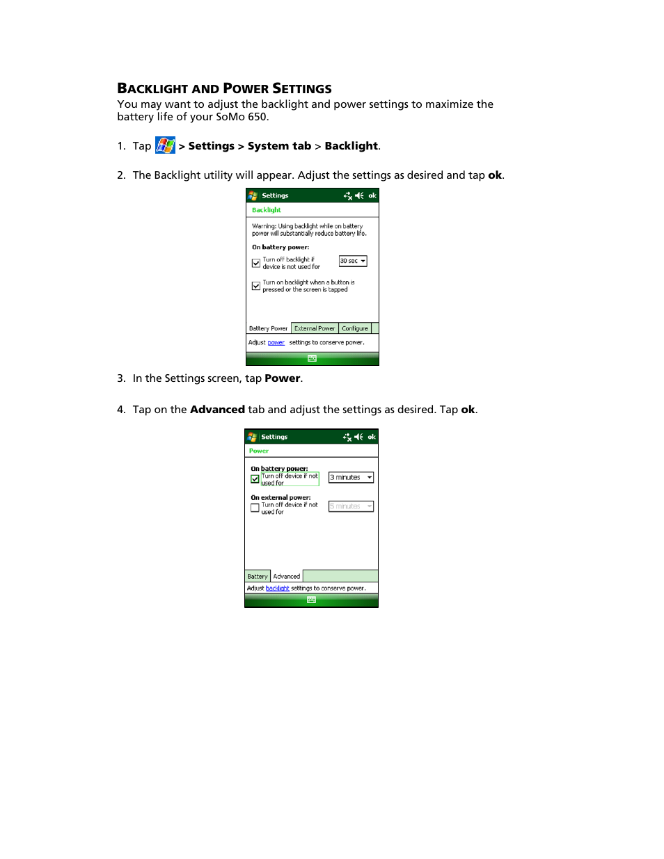 Wireless radio manager, Acklight and, Ower | Ettings | Socket Mobile SoMo 650 User Manual | Page 35 / 75