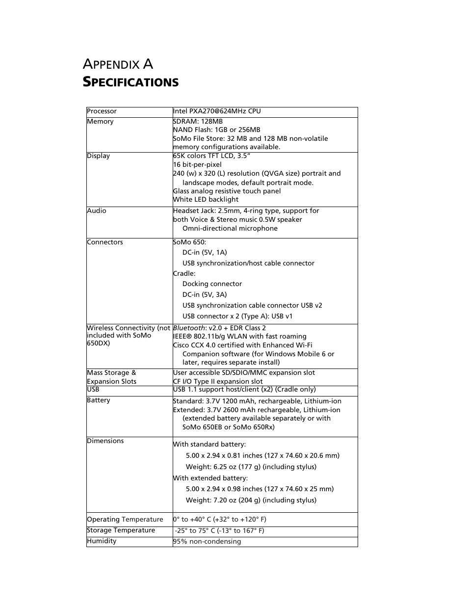 Appendix a specifications, Appendices a specifications 57, Ppendix | Pecifications | Socket Mobile SoMo 650 User Manual | Page 57 / 75