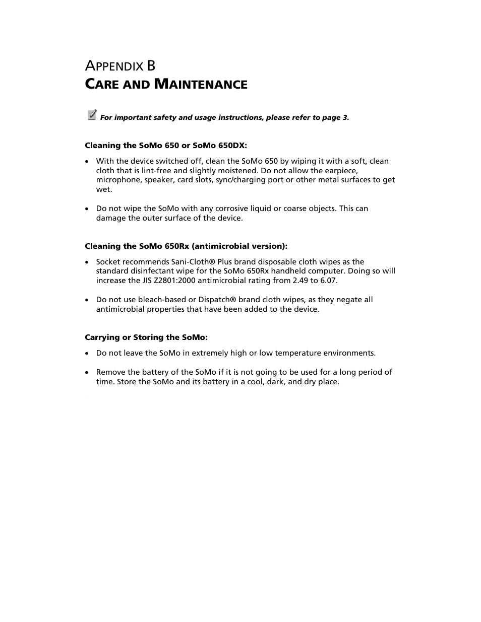 Appendix b care and maintenance, B care and maintenance 59, Ppendix | Are and, Aintenance | Socket Mobile SoMo 650 User Manual | Page 59 / 75
