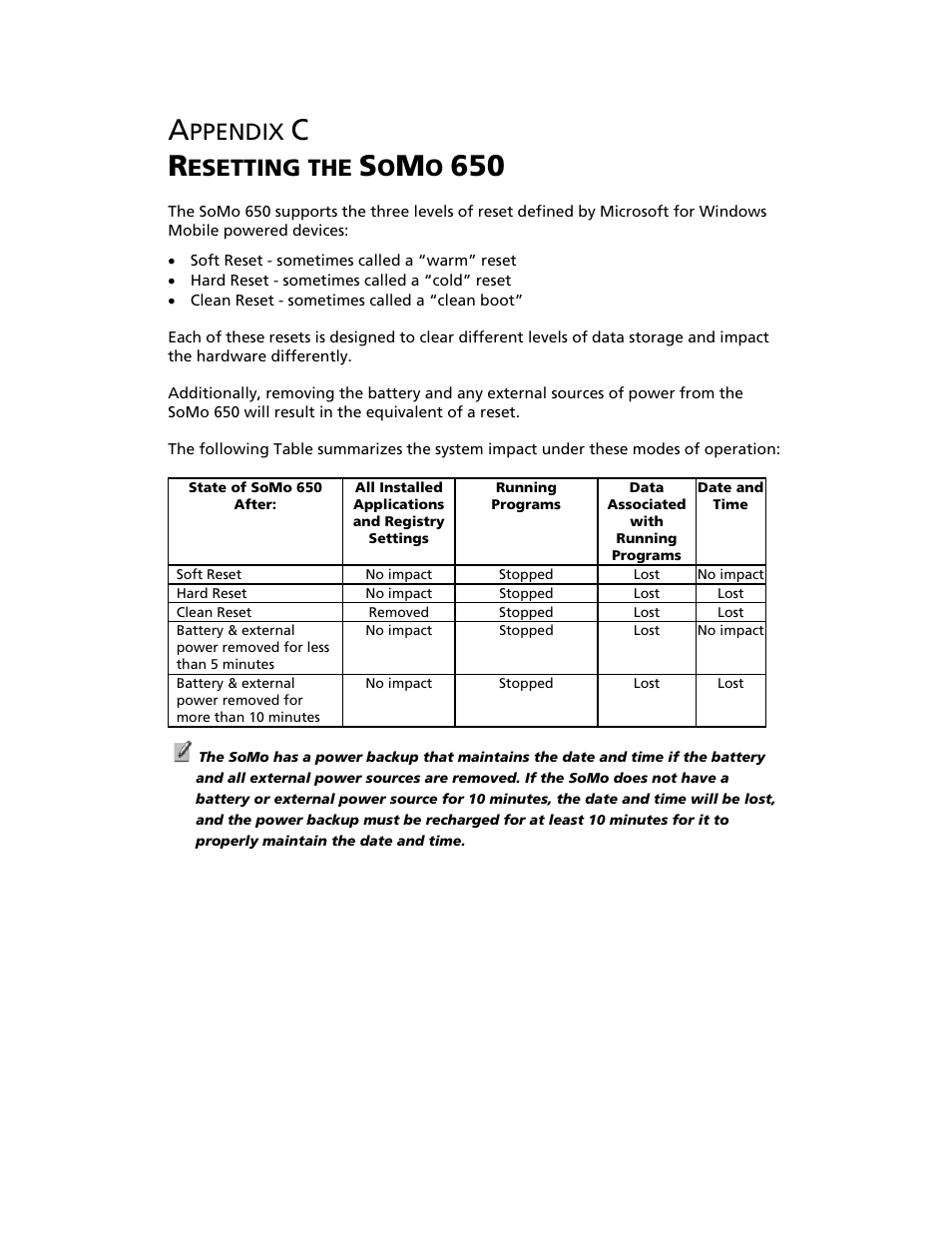 Appendix c resetting the somo 650, C resetting the somo 650 60, Ppendix | Esetting the | Socket Mobile SoMo 650 User Manual | Page 60 / 75