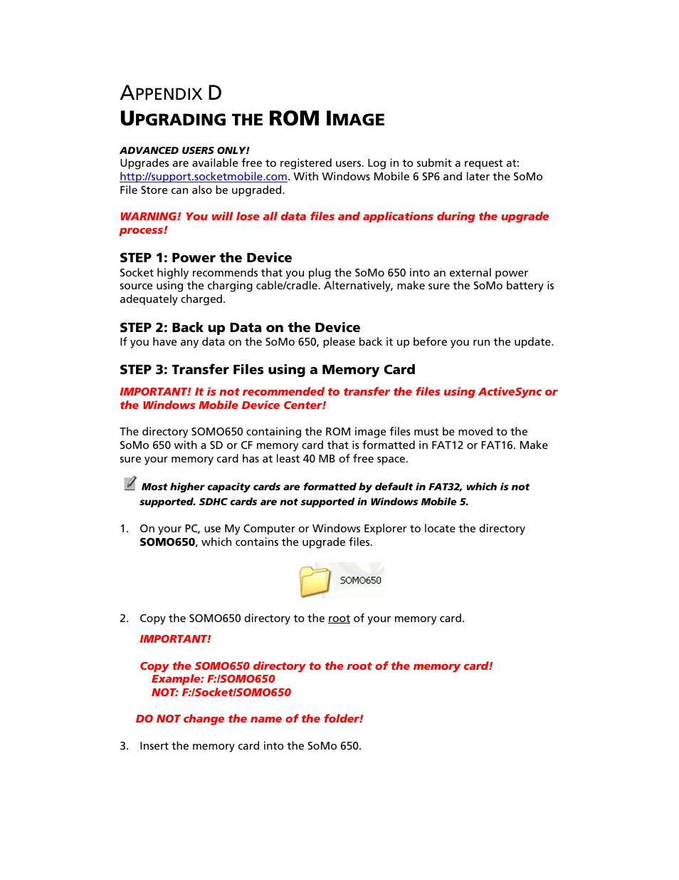 Appendix d upgrading the rom image, D upgrading the rom image 66, Ppendix | Pgrading the, Mage | Socket Mobile SoMo 650 User Manual | Page 66 / 75