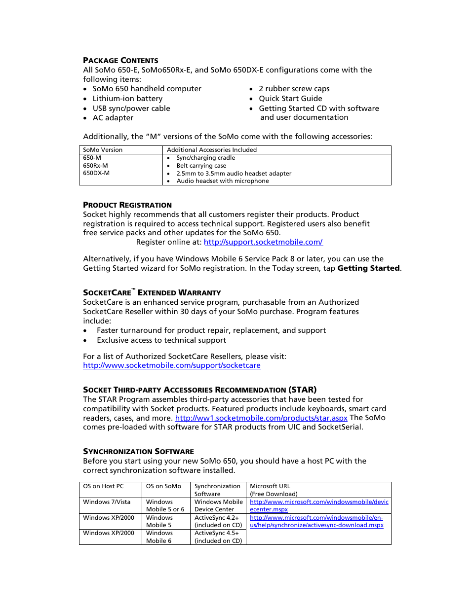 Package contents, Product registration, Socketcare™ extended warranty | Synchronization software, Ackage, Ontents, Roduct, Egistration, Ocket, Xtended | Socket Mobile SoMo 650 User Manual | Page 7 / 75