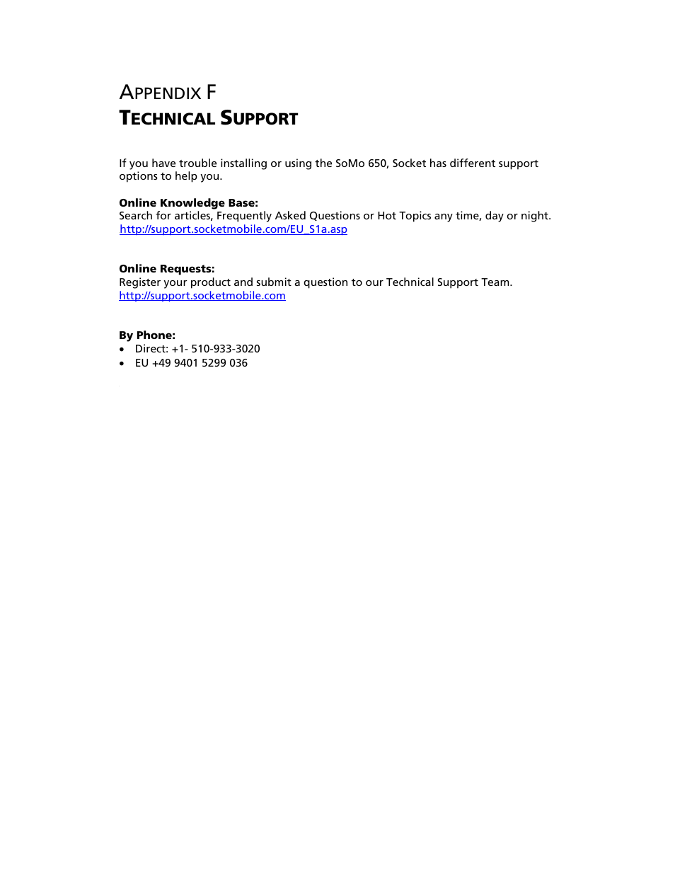 F technical support 70 | Socket Mobile SoMo 650 User Manual | Page 70 / 75