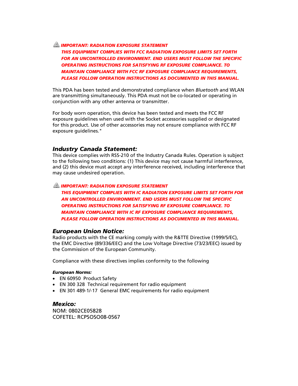 Industry canada statement, European union notice, Mexico | Socket Mobile SoMo 650 User Manual | Page 74 / 75