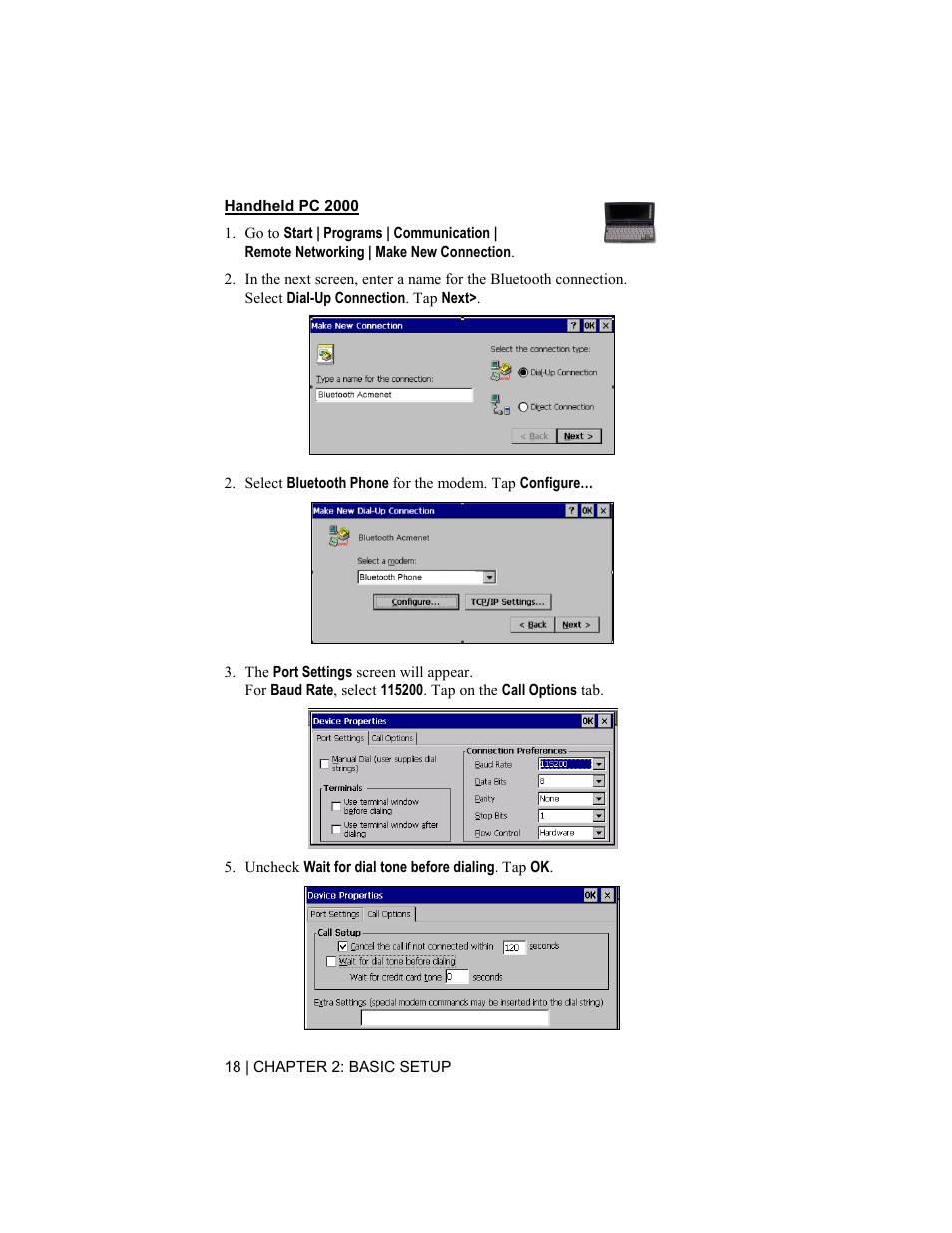 Handheld pc 2000, Uncheck wait for dial tone before dialing . tap ok | Socket Mobile BluetoothTM Connection Kit User Manual | Page 18 / 59
