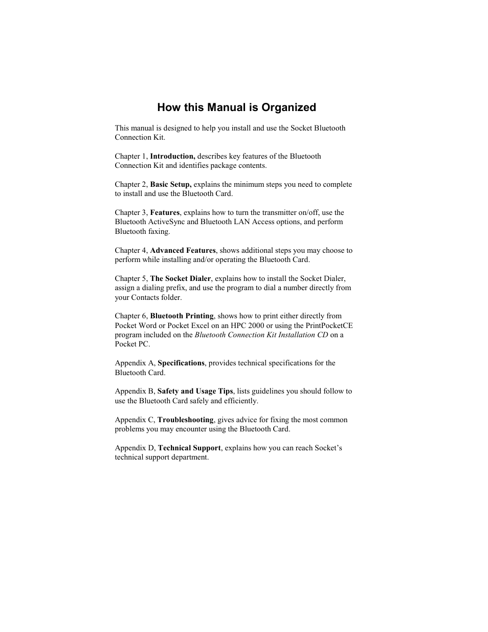 How this manual is organized | Socket Mobile BluetoothTM Connection Kit User Manual | Page 2 / 59