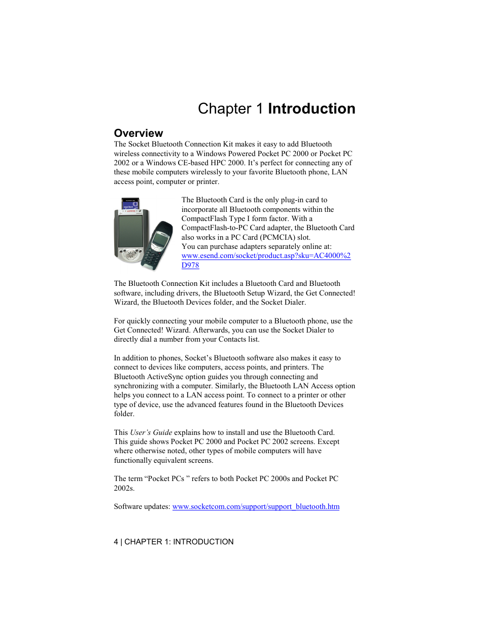 Chapter 1 introduction, Overview | Socket Mobile BluetoothTM Connection Kit User Manual | Page 4 / 59