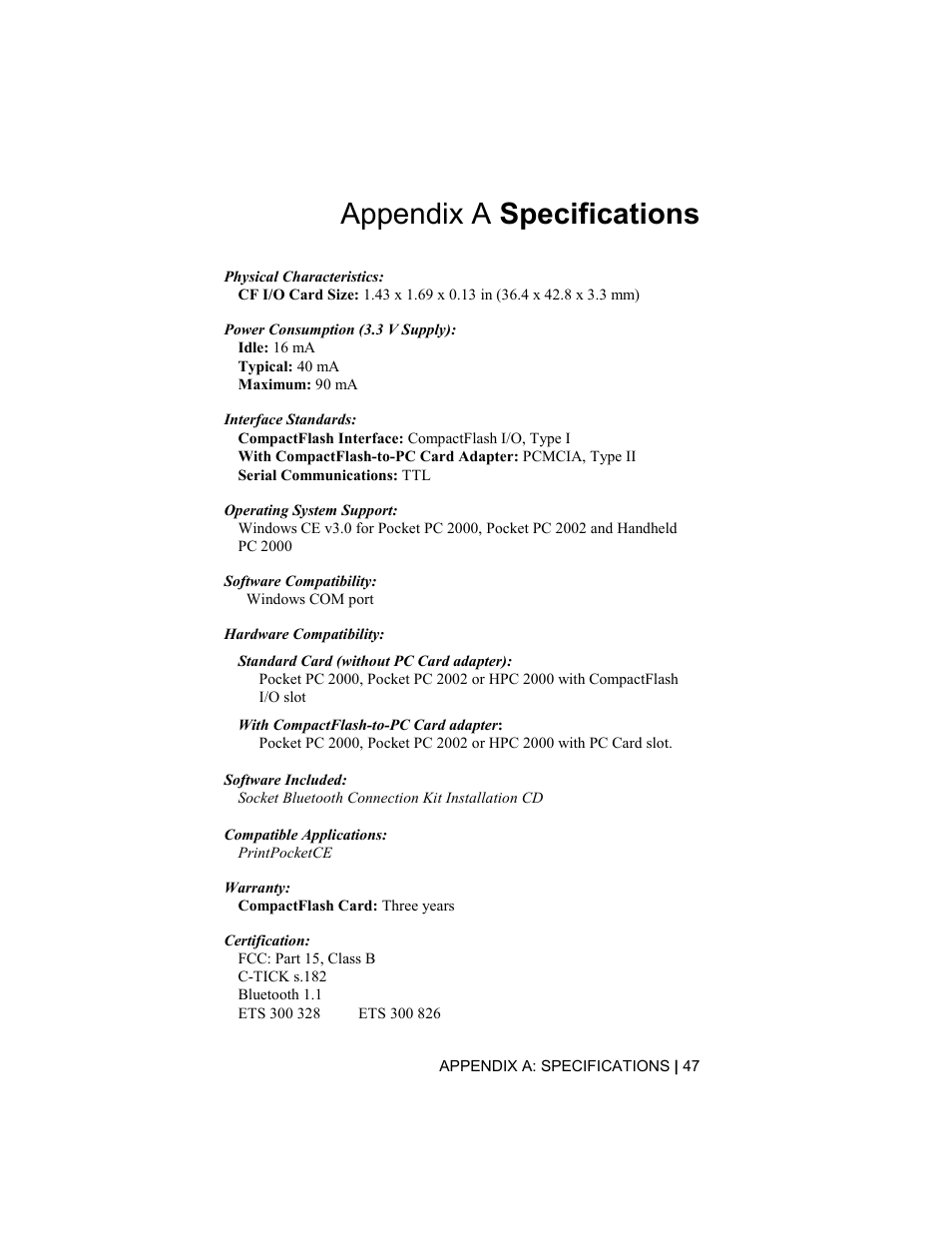 Appendix a specifications | Socket Mobile BluetoothTM Connection Kit User Manual | Page 47 / 59