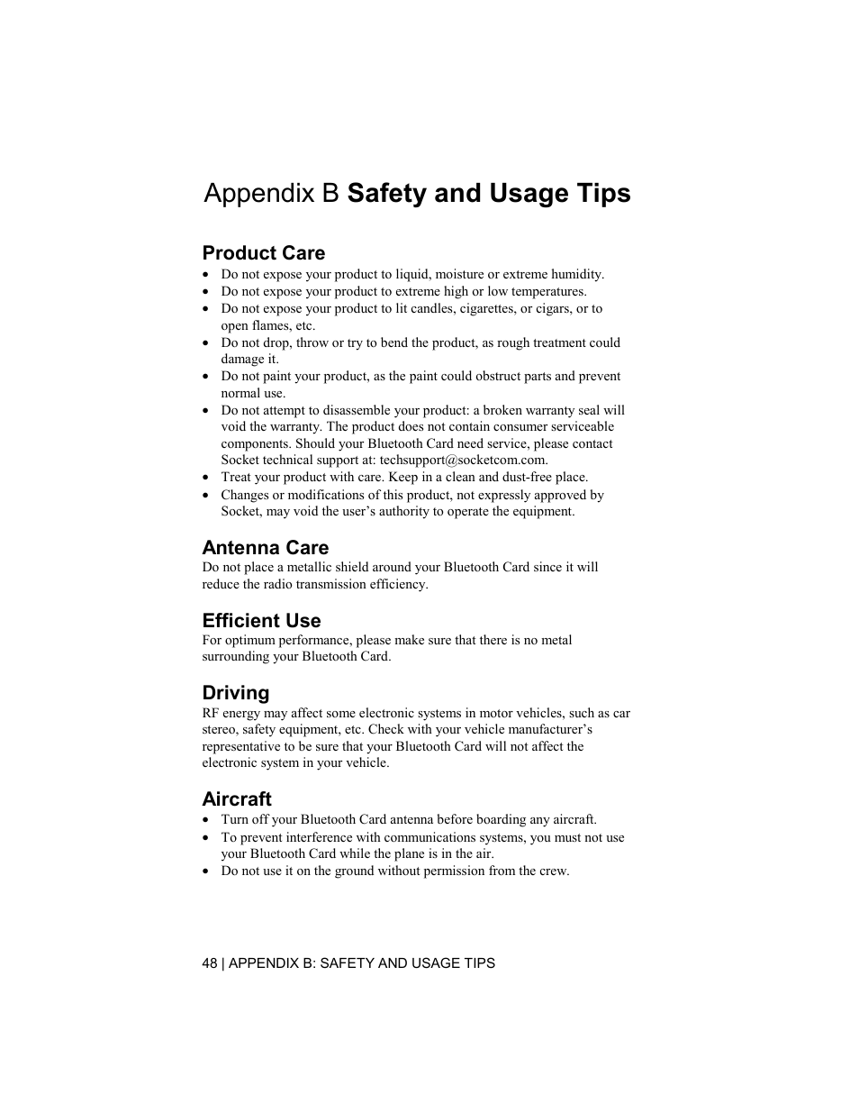 Appendix b safety and usage tips, Product care, Antenna care | Efficient use, Driving, Aircraft | Socket Mobile BluetoothTM Connection Kit User Manual | Page 48 / 59