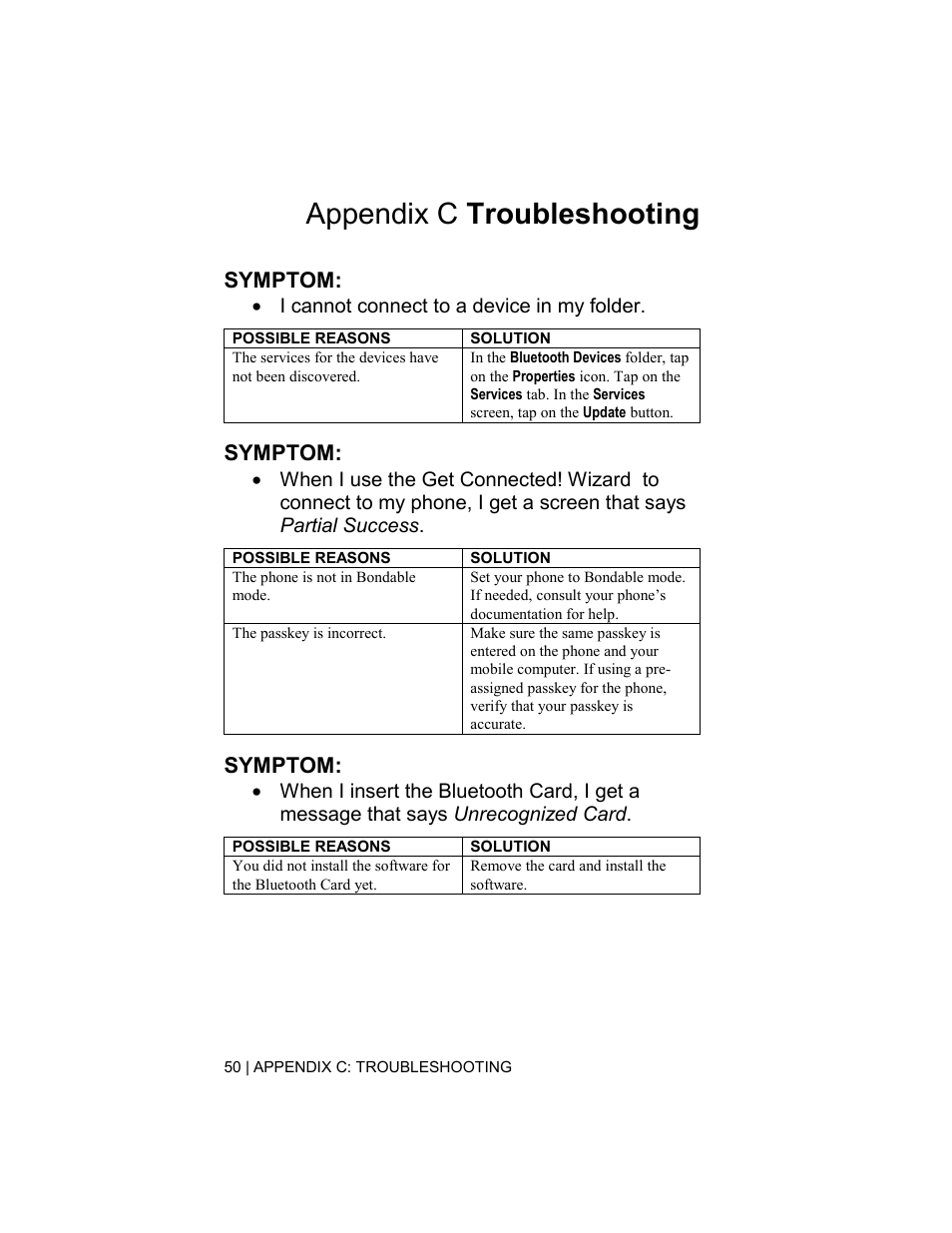 Appendix c troubleshooting, Symptom | Socket Mobile BluetoothTM Connection Kit User Manual | Page 50 / 59