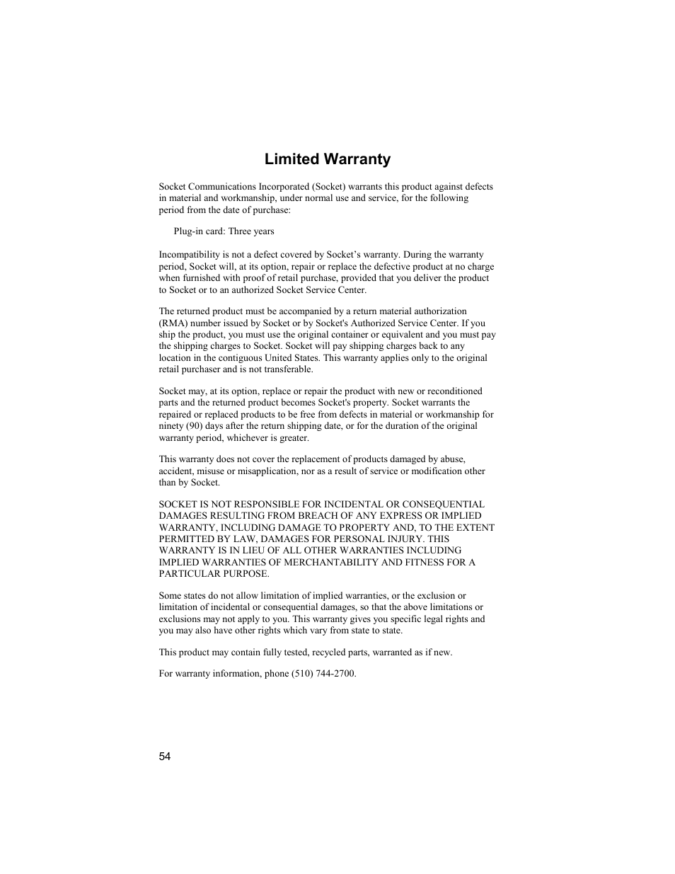 Limited warranty | Socket Mobile BluetoothTM Connection Kit User Manual | Page 54 / 59