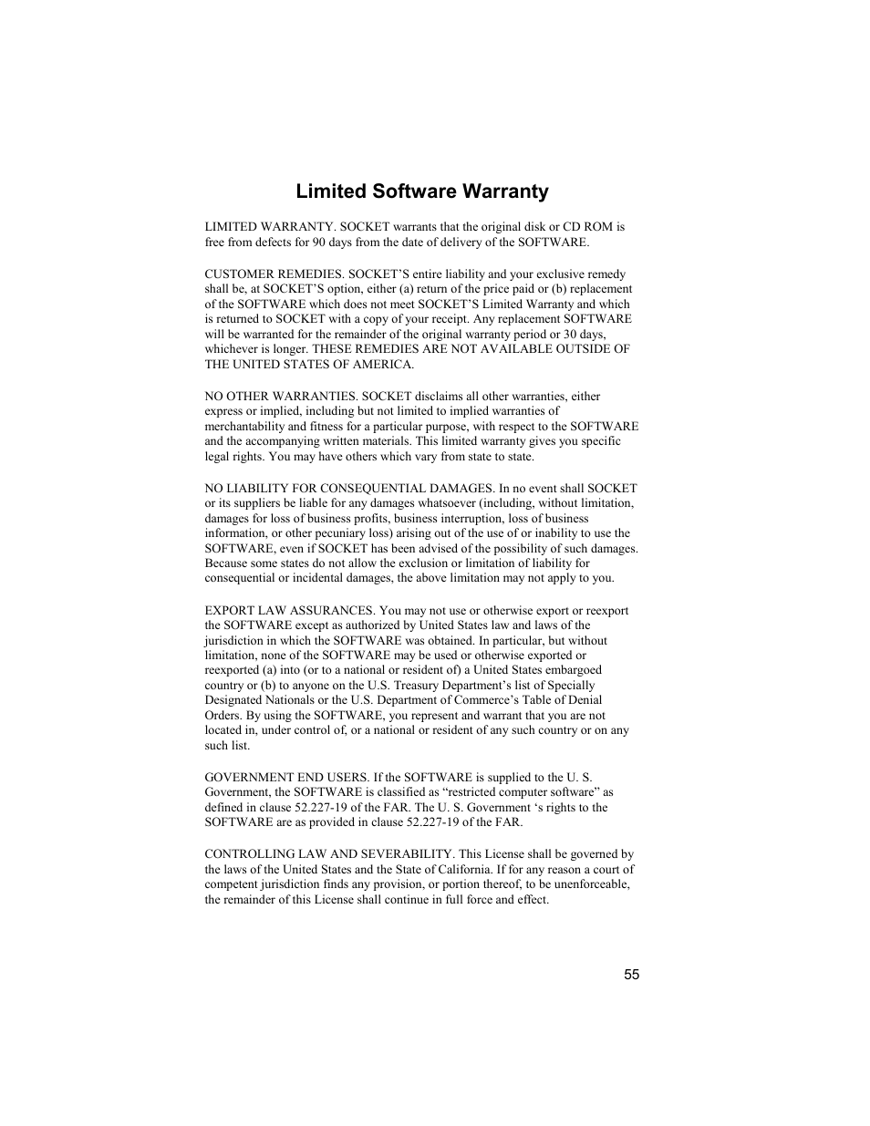 Limited software warranty | Socket Mobile BluetoothTM Connection Kit User Manual | Page 55 / 59