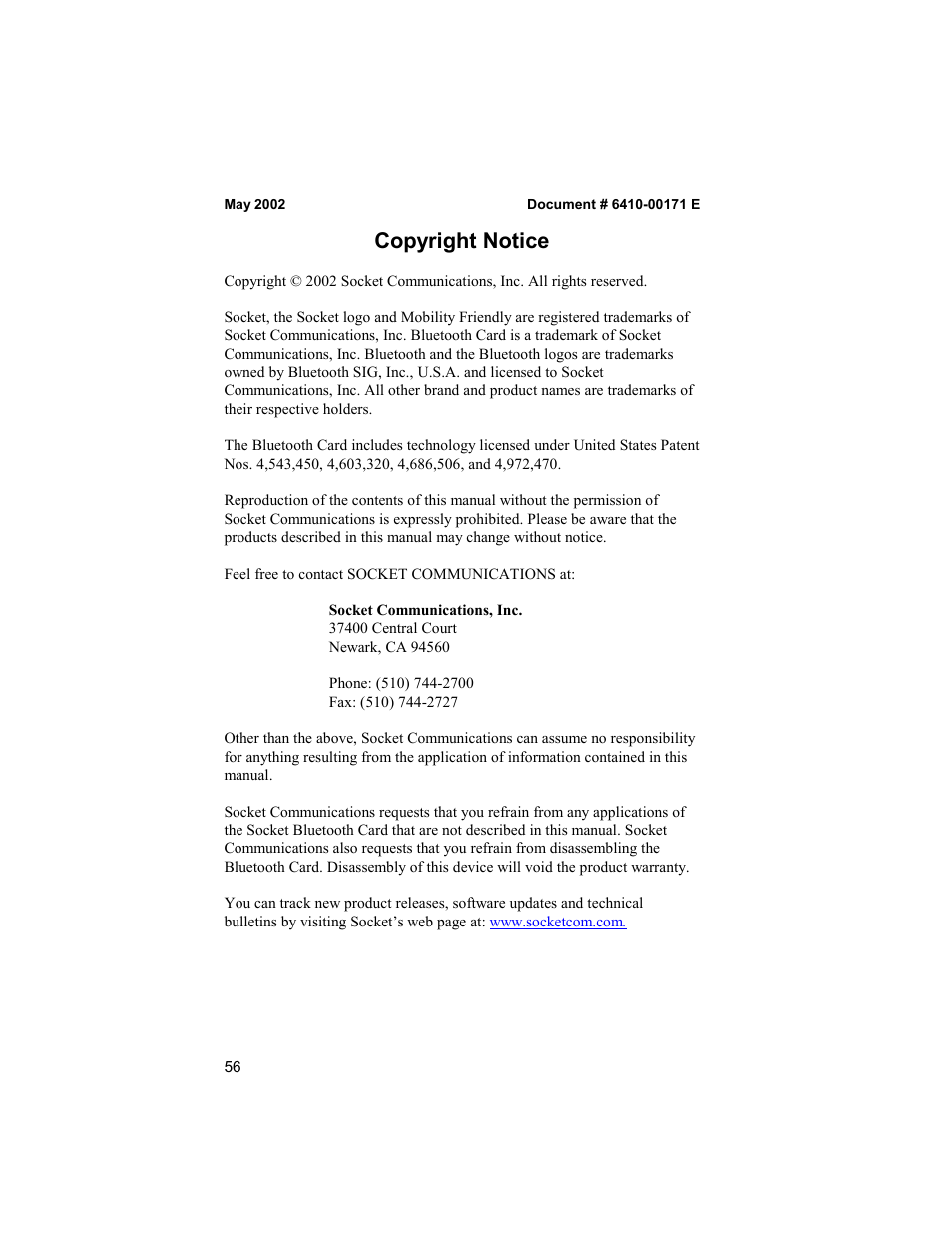 Copyright notice | Socket Mobile BluetoothTM Connection Kit User Manual | Page 56 / 59