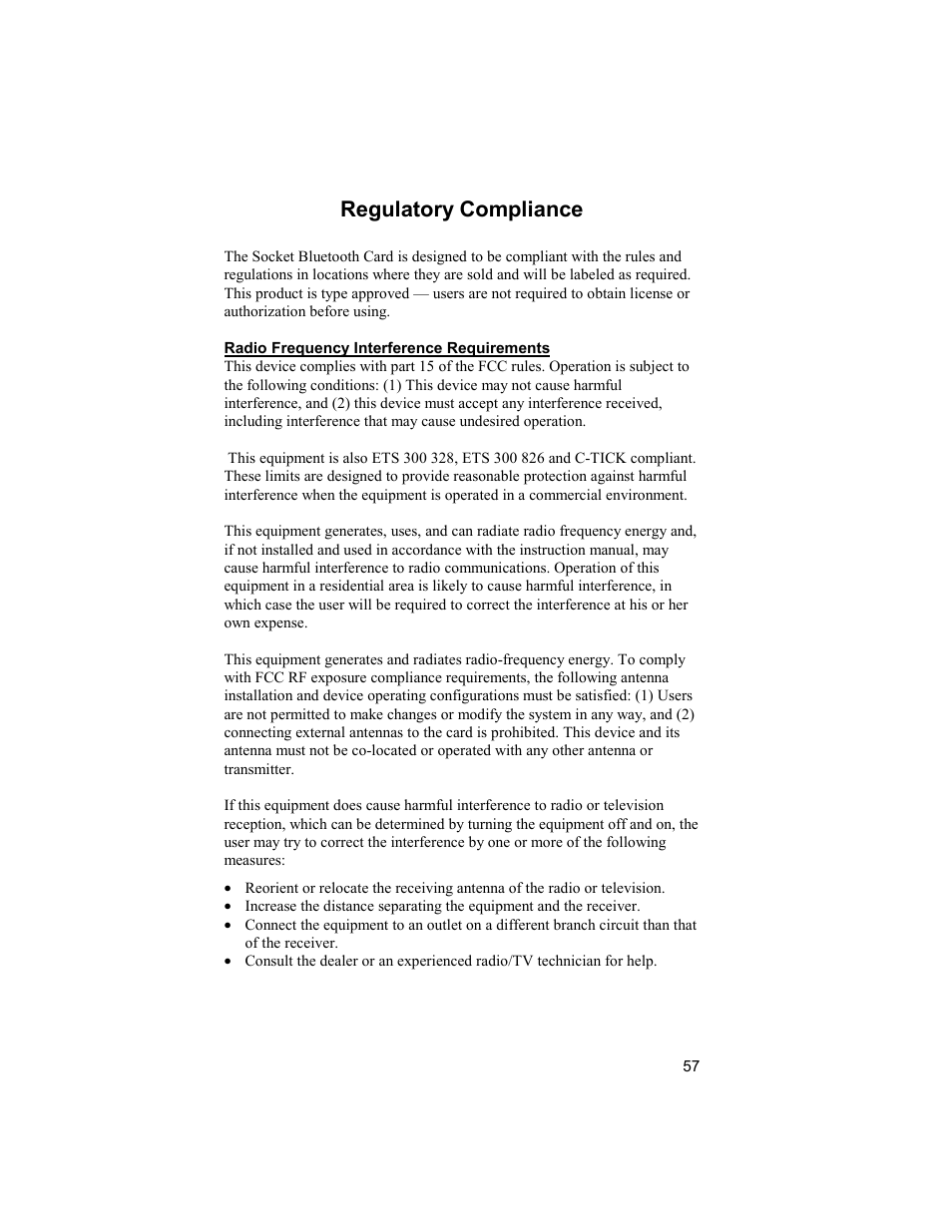 Regulatory compliance | Socket Mobile BluetoothTM Connection Kit User Manual | Page 57 / 59