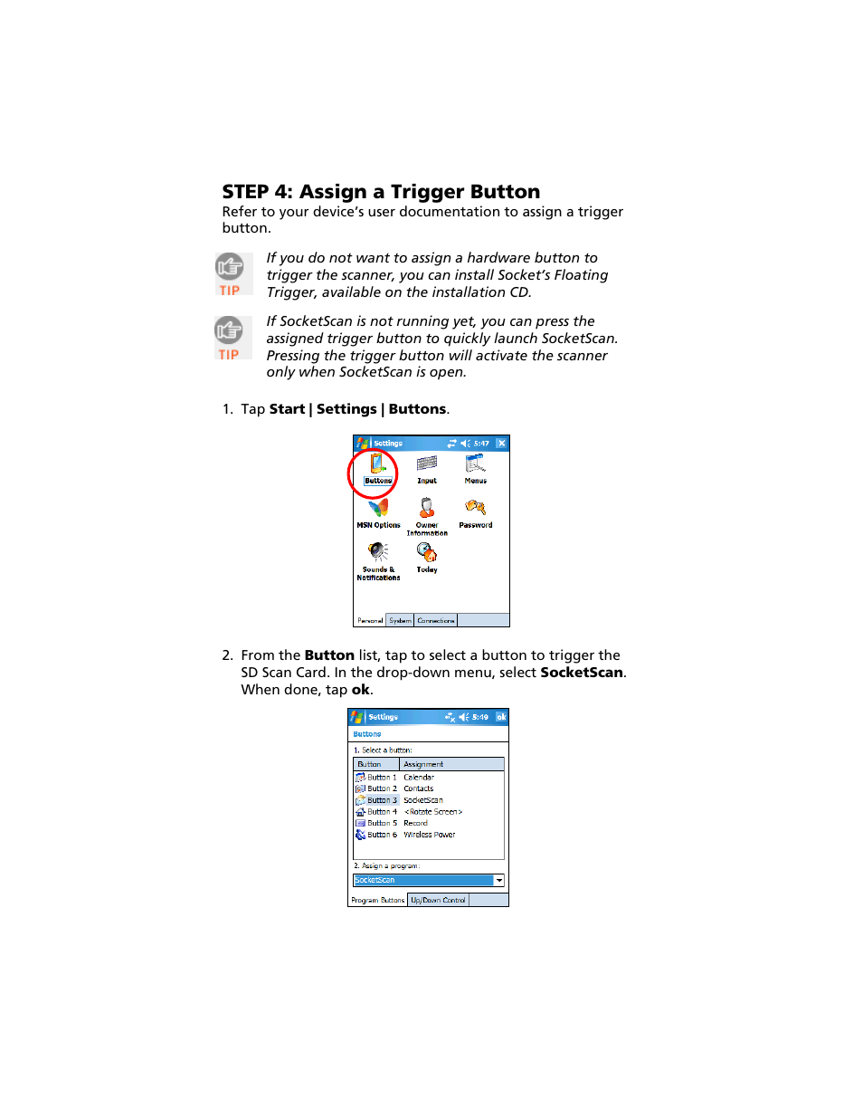 Step 4: assign a trigger button | Socket Mobile Secure Digital Scan Card Series 3 User Manual | Page 12 / 60