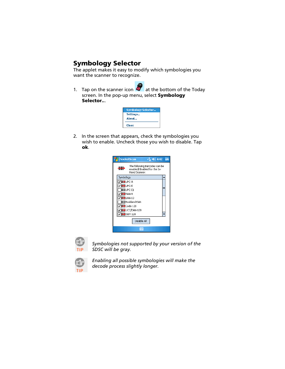 Symbology selector | Socket Mobile Secure Digital Scan Card Series 3 User Manual | Page 15 / 60