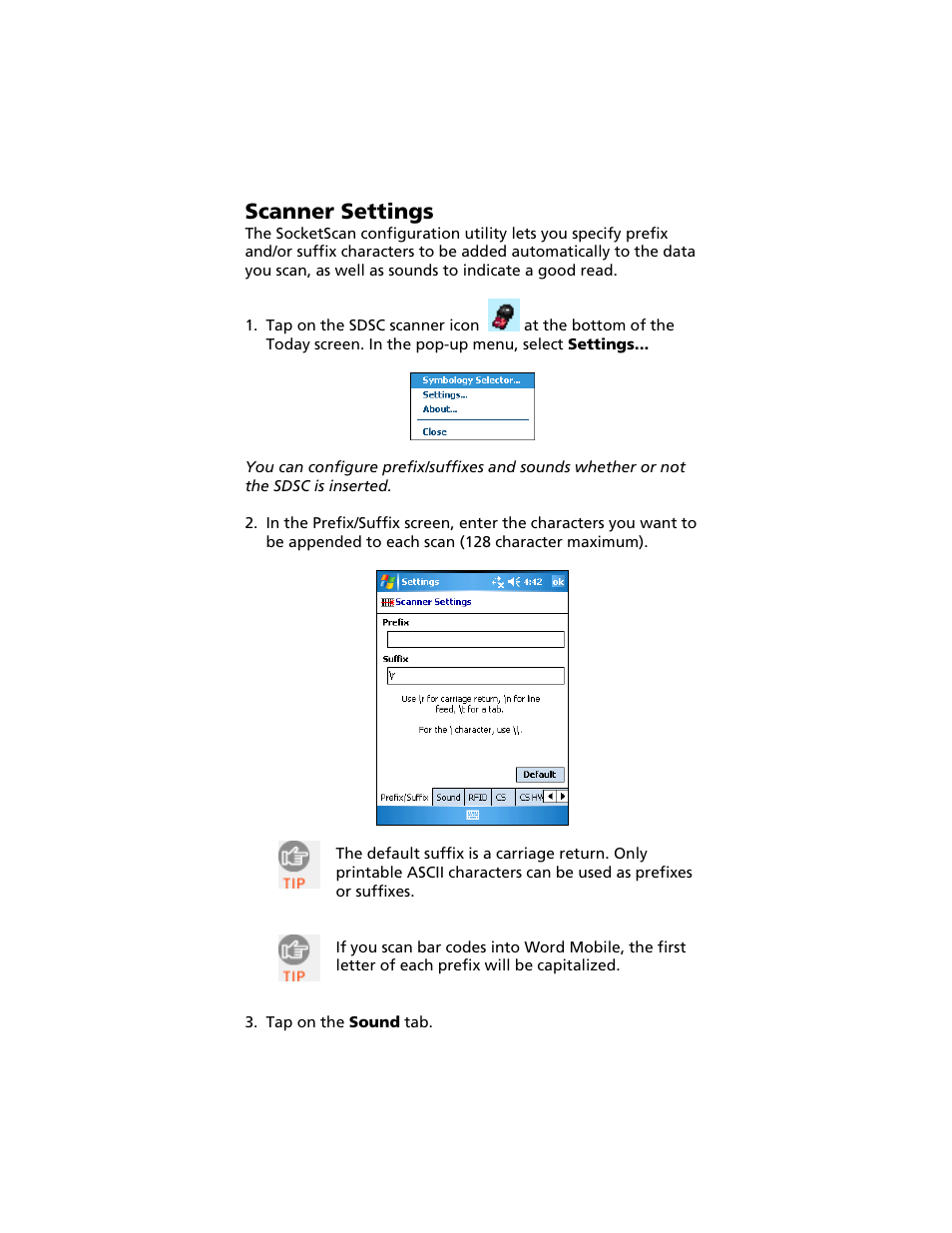 Scanner settings | Socket Mobile Secure Digital Scan Card Series 3 User Manual | Page 16 / 60