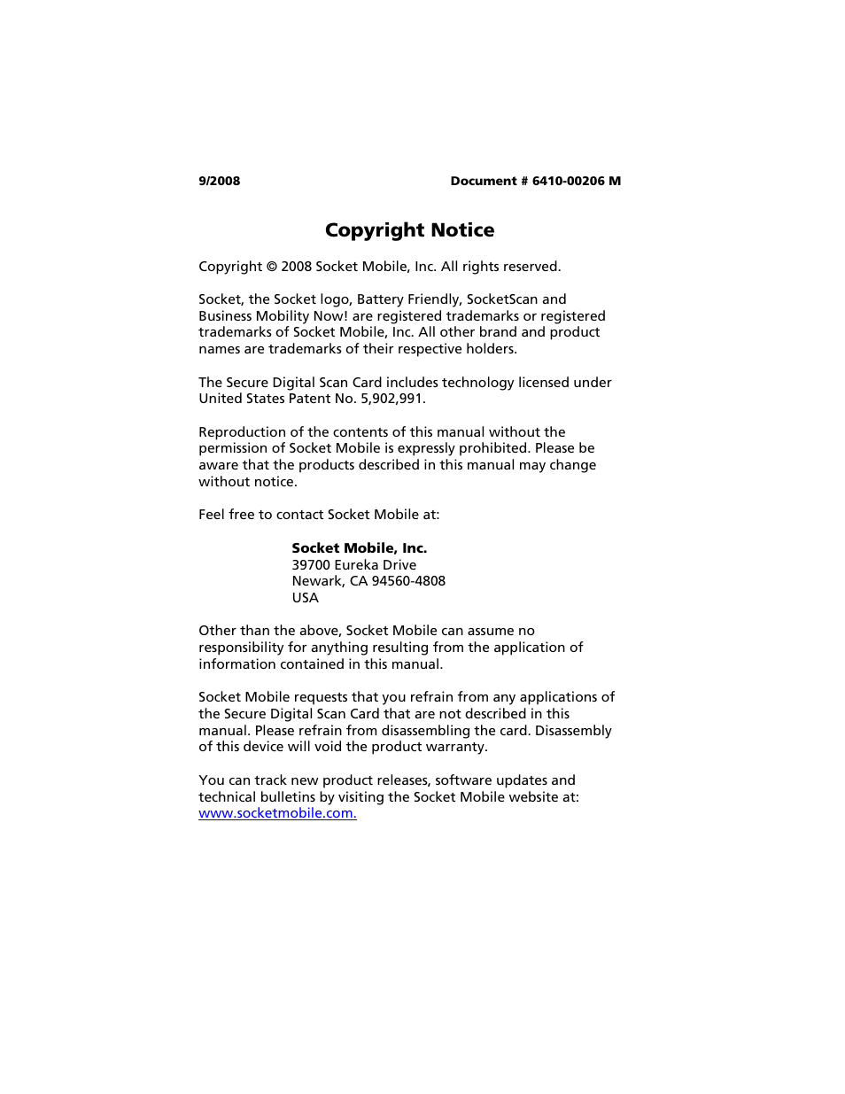 Copyright notice | Socket Mobile Secure Digital Scan Card Series 3 User Manual | Page 2 / 60