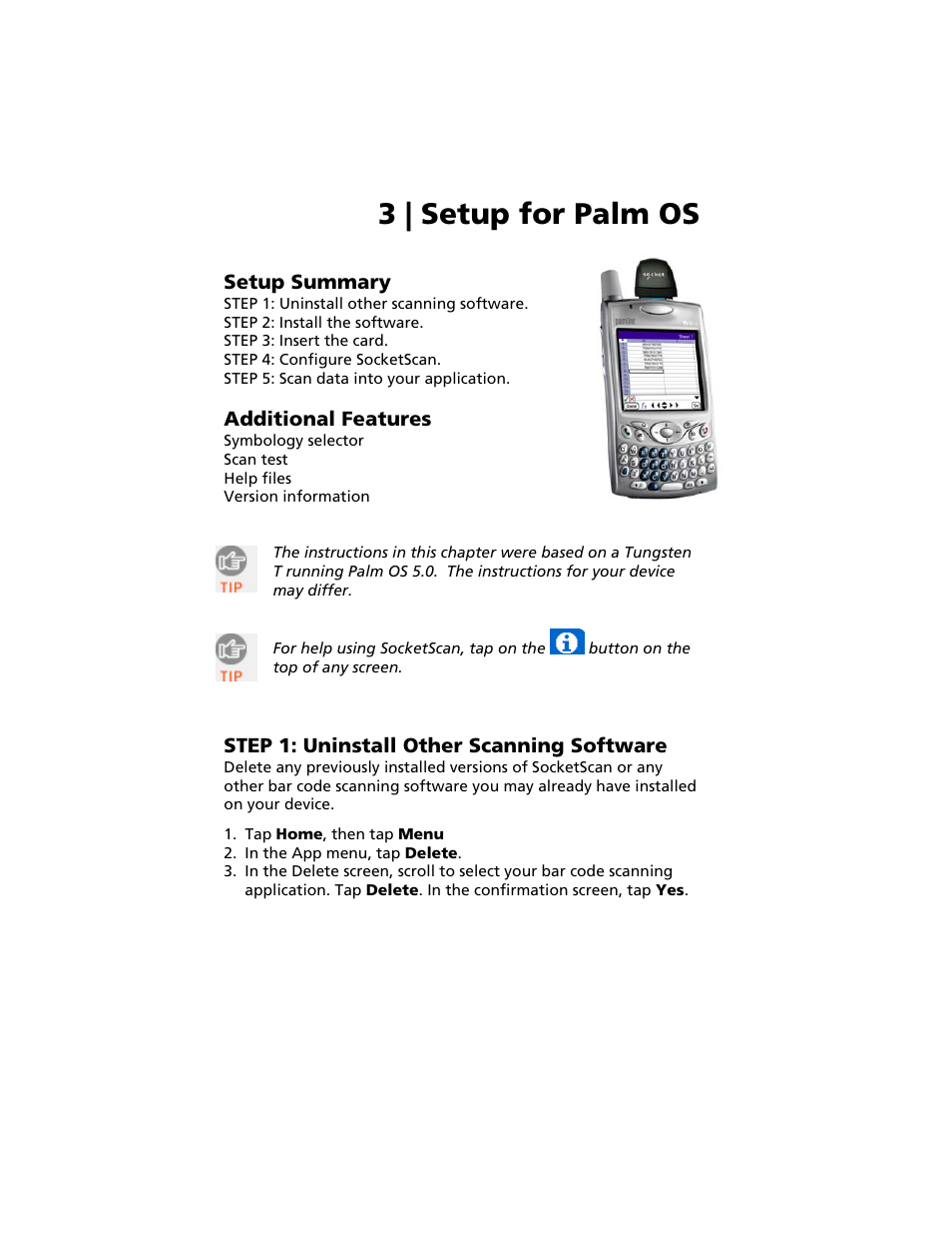 3 | setup for palm os, Step 1: uninstall other scanning software, 3 | setup for palm os 21 | Setup summary, Additional features | Socket Mobile Secure Digital Scan Card Series 3 User Manual | Page 21 / 60