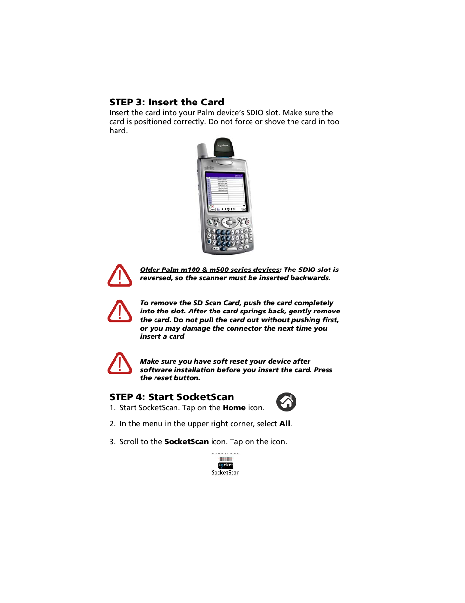 Step 3: insert the card, Step 4: start socketscan | Socket Mobile Secure Digital Scan Card Series 3 User Manual | Page 24 / 60